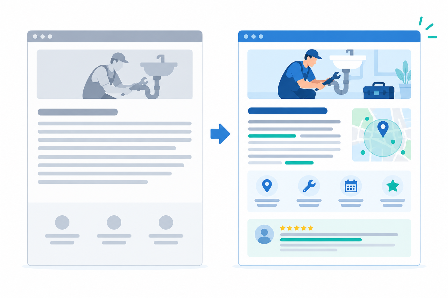 Comparison: Side-by-side comparison graphic of a vague service page paragraph versus a specific, evidence-rich paragraph for a local plumber, with key specific details highlighted for Simple Ways Small Businesses Can Improve AI Recommendations