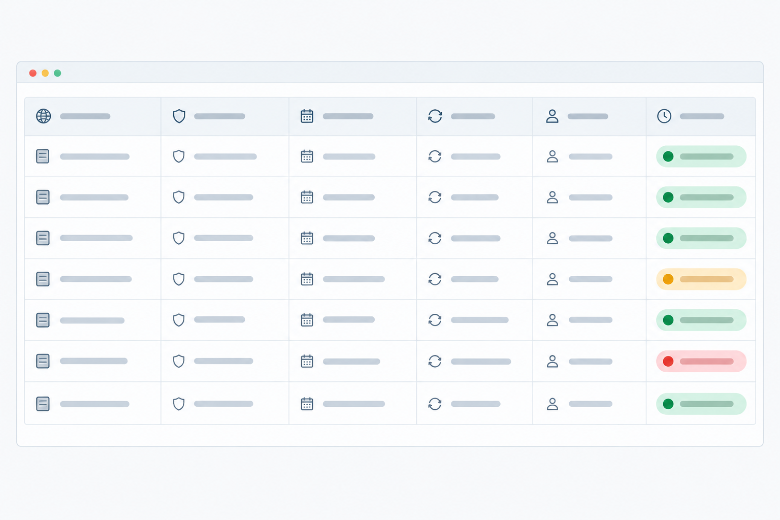 Illustration: Example certificate inventory spreadsheet screenshot-style graphic with columns for hostname, issuer, expiry date, renewal method, owner and days remaining, with colour-coded risk status for SSL Certificate Expiration: How to Stop Surprise Outages