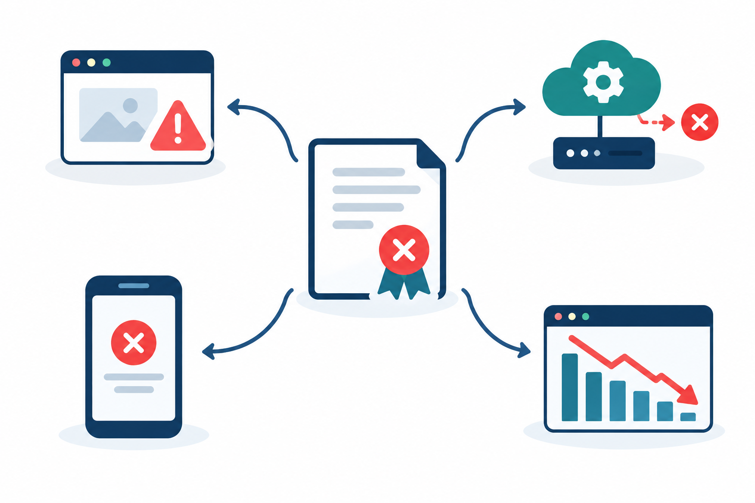 Diagram: Simple diagram showing the ripple effect of an expired certificate: a central expired certificate icon branching out to browser warning, failed API calls, broken mobile app, and lost traffic, clean flat design with labelled arrows for SSL Certificate Expiration: How to Stop Surprise Outages