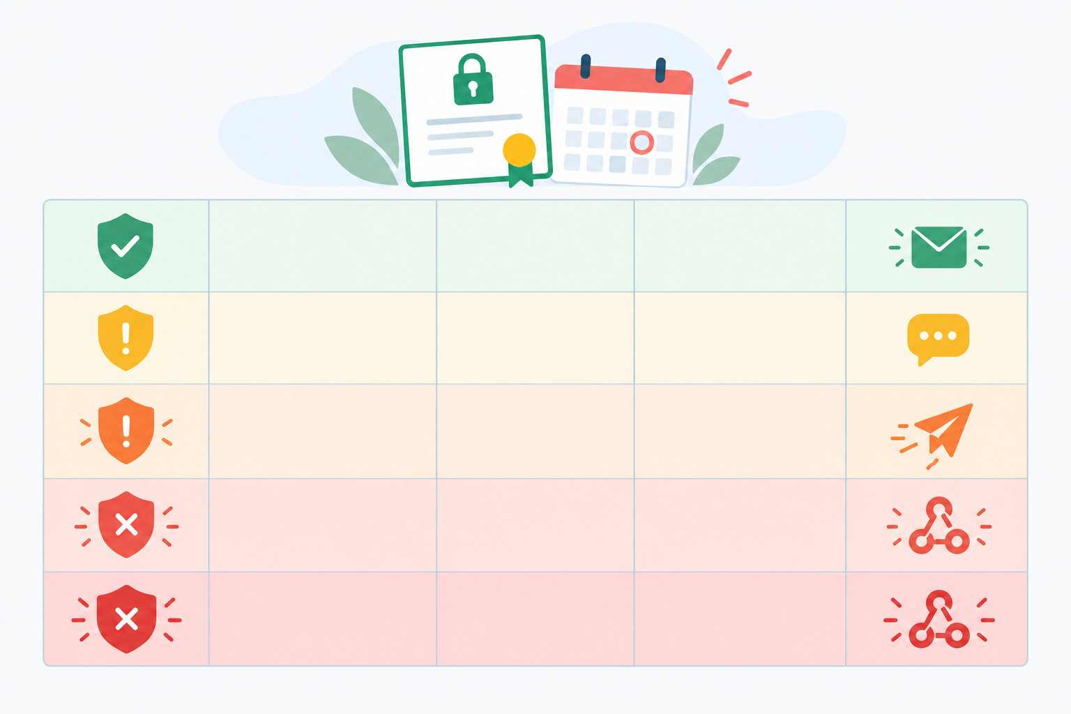 Comparison: Comparison table showing 30, 14, 7, 3 and 1 day alert thresholds with columns for urgency level, recommended action, and suggested alert channel (email, Slack, Telegram, webhook) for SSL Certificate Expiration: How to Stop Surprise Outages