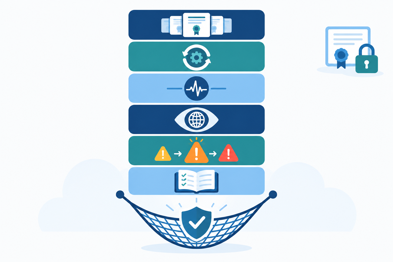Infographic: Infographic of a layered defence stack: inventory, automation, renewal job heartbeat, external SSL monitoring, tiered alerts, runbook, shown as stacked horizontal layers with a safety-net icon at the bottom for SSL Certificate Expiration: How to Stop Surprise Outages