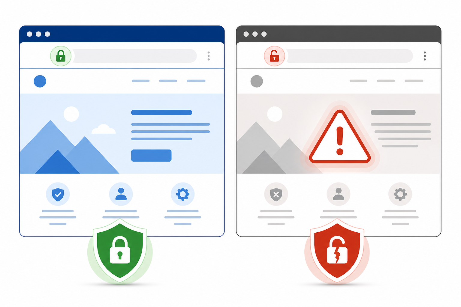 Illustration: Side-by-side browser screenshot mockup showing a normal secure site next to a 'Your connection is not private' warning screen, clean UI illustration style for SSL Certificate Expiration: The Silent Killer of Trust