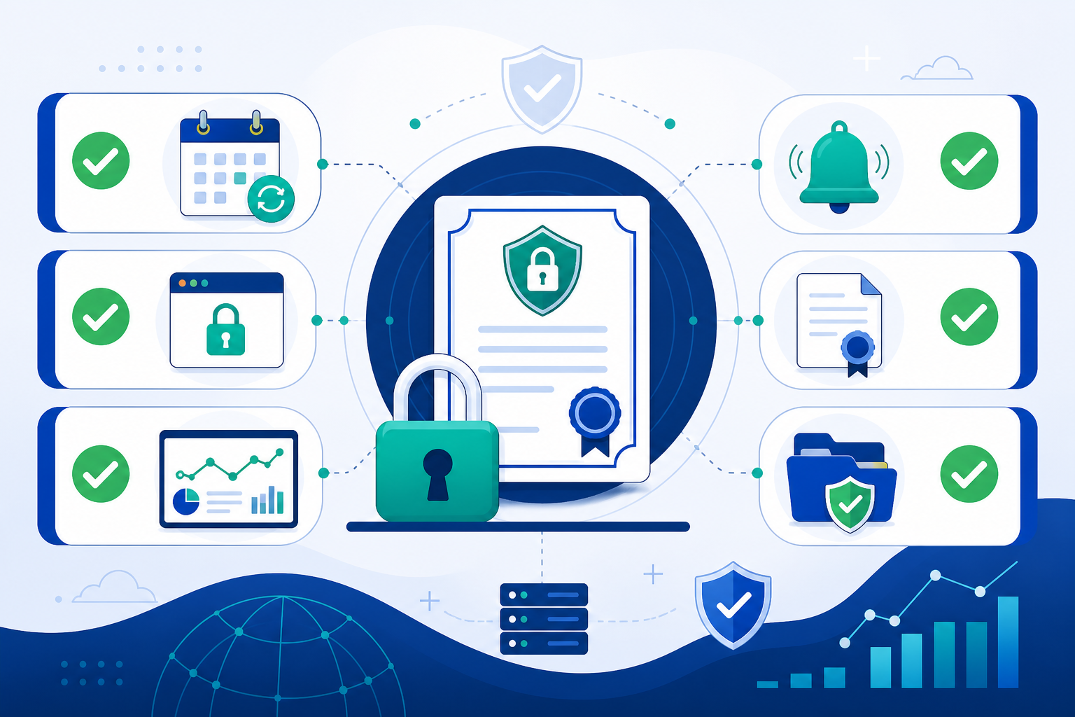 Infographic: Clean checklist infographic with checkmark icons next to each SSL certificate management best practice, flat minimal design in brand colours for SSL Certificate Expiration: The Silent Killer of Trust