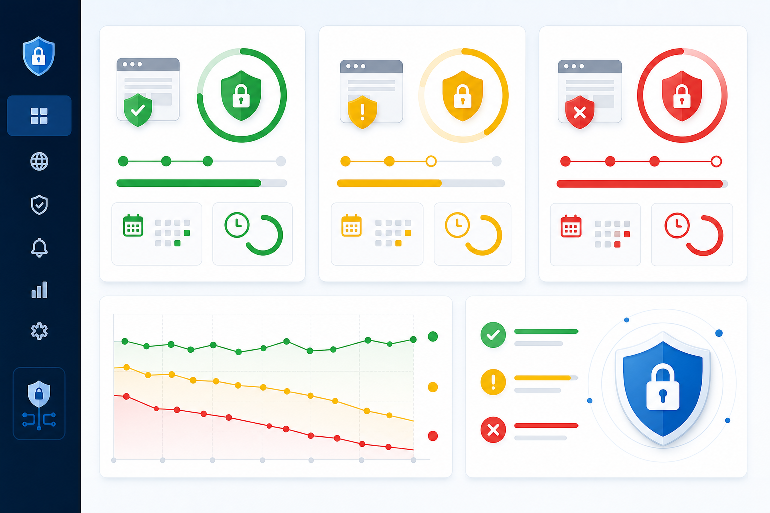 Illustration: Simple dashboard mockup showing SSL certificate monitors with green/yellow/red status indicators and days-until-expiration countdown, similar to a monitoring SaaS interface, clean modern UI for SSL Certificate Expiration: The Silent Killer of Website Trust