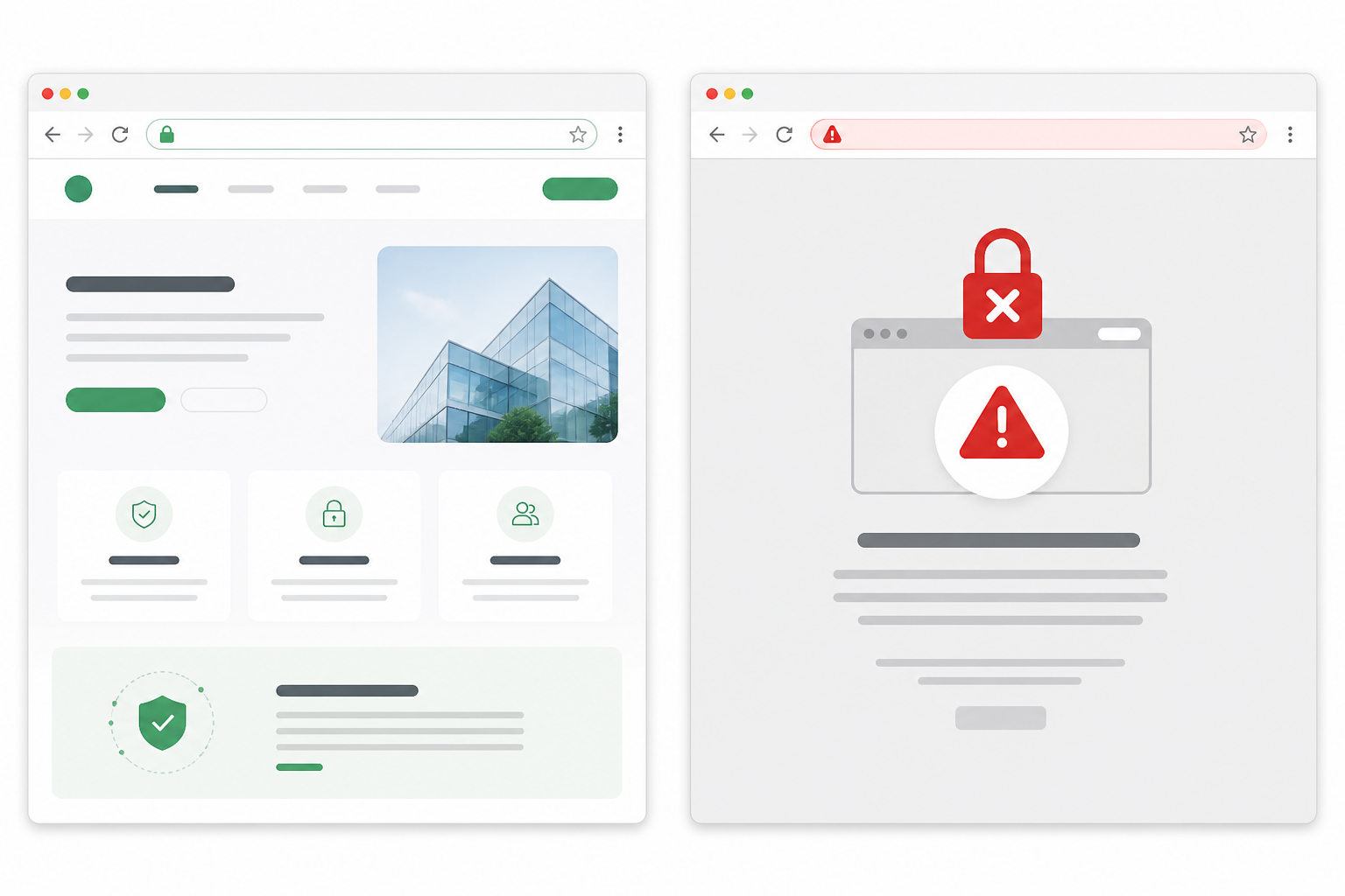 Comparison: Side-by-side comparison screenshot mockup showing a normal secure website versus the same site with a full-page browser SSL warning (NET::ERR_CERT_DATE_INVALID style), clean UI mockup style for SSL Certificate Expiration: The Silent Killer of Website Trust