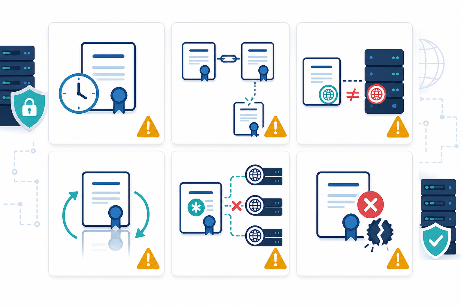 Infographic: An infographic-style checklist showing six common certificate problems as icons: expired cert, broken chain, domain mismatch, self-signed cert, wildcard misconfiguration, and CA revocation, each with a small warning icon for SSL vs TLS Explained: What Sysadmins Should Monitor