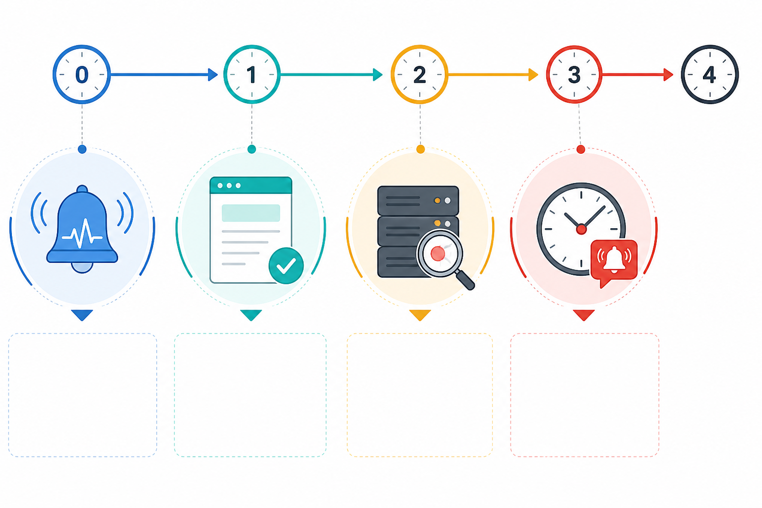 Diagram: A simple horizontal timeline diagram showing the first five minutes of an incident response: detection, acknowledgement post, component identification, and first update commitment, using clean flat icons and a minute-by-minute marker for Status Page Best Practices During a Major Incident