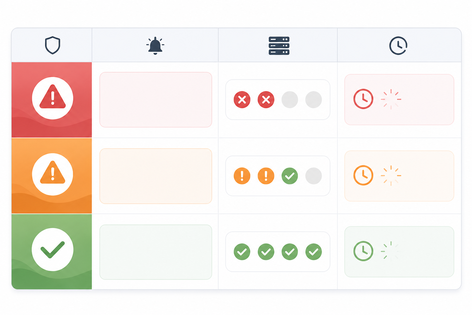 Comparison: A comparison table graphic showing three incident severity levels (critical, partial degradation, minor issue) against recommended update frequency, styled with a soft colour-coded severity scale from red to yellow to green for Status Page Best Practices During a Major Incident