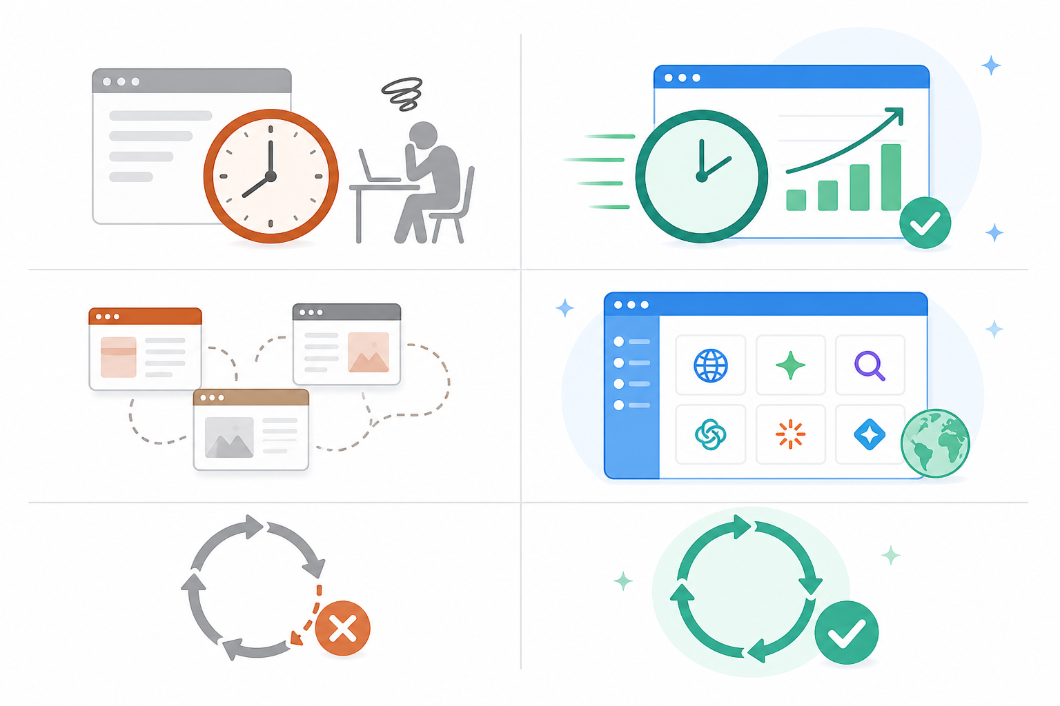 Comparison: Comparison table graphic contrasting 'Manual AI Checking' versus 'Automated AI Tracking' across time spent, platforms covered, and consistency, in a two-column layout with icons for Stop Manually Checking ChatGPT: Automate AI Tracking