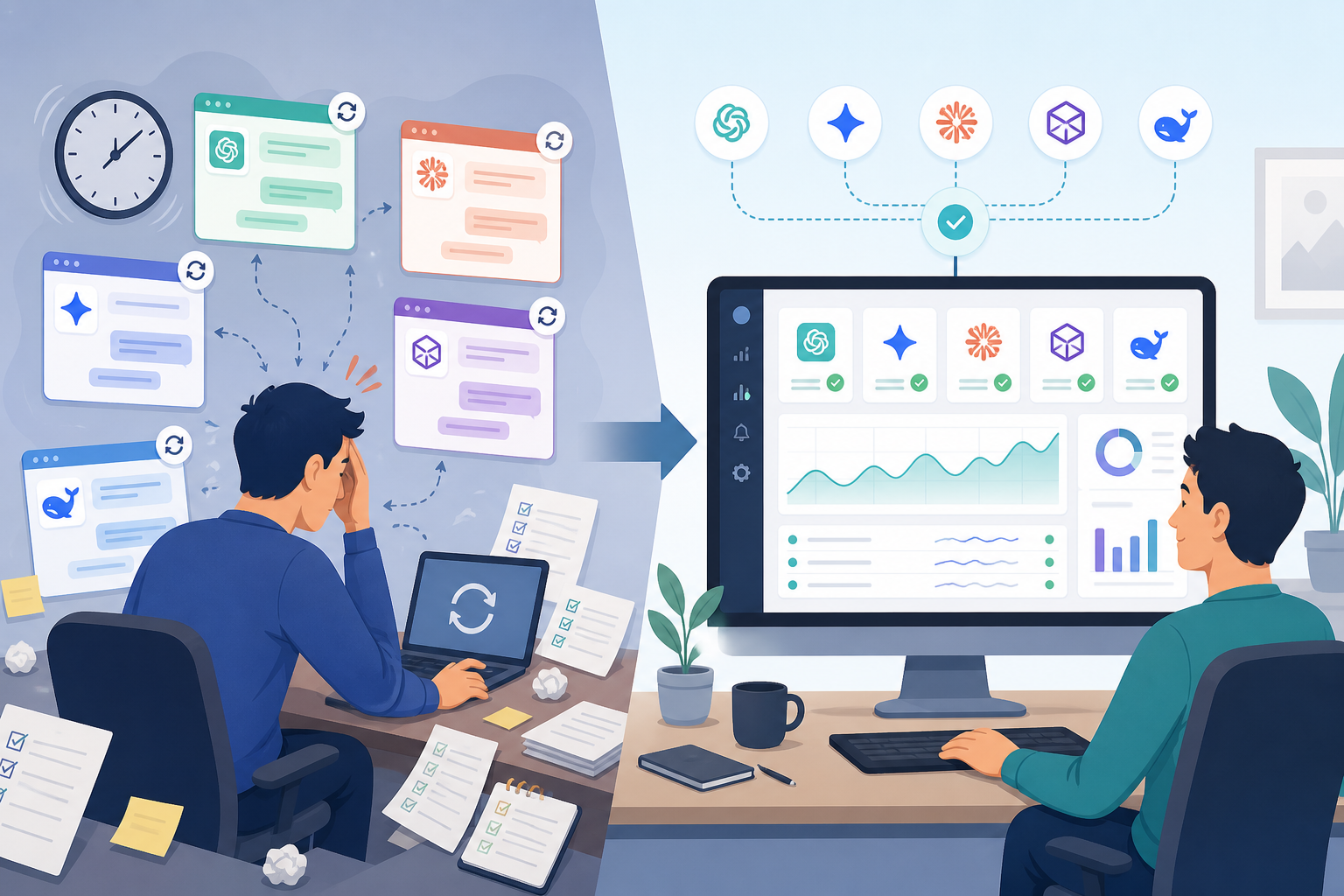 Illustration: Split-screen illustration: left side shows a stressed founder juggling browser tabs of ChatGPT, Claude, and Gemini with a clock ticking; right side shows a calm automated dashboard doing the same job, flat design style for Stop Manually Checking ChatGPT: Automate AI Tracking