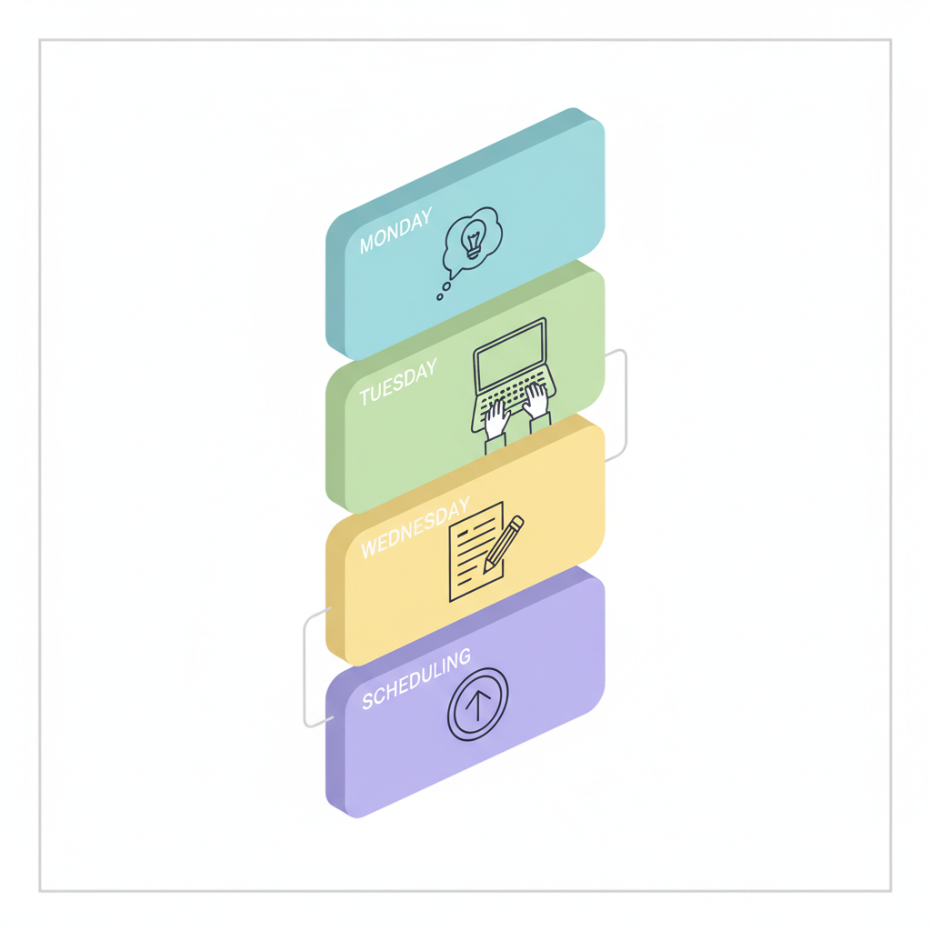 Illustration: A weekly calendar view showing color-coded content batching blocks: blue for planning on Monday, green for creation on Tuesday, yellow for editing on Wednesday, and purple for scheduling on Thursday. Clean, simple design with icons representing each task type. for Streamline Your Content Workflow in 7 Simple Steps