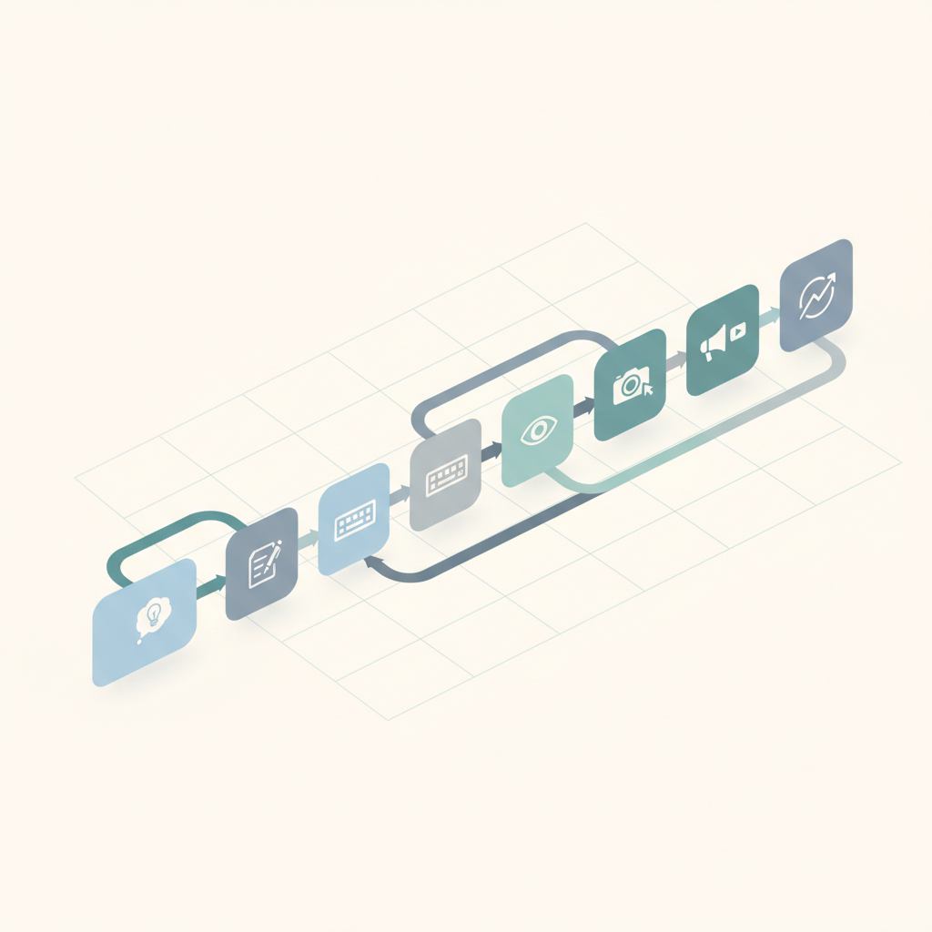 Chart: Simple flowchart diagram showing a content workflow from idea to published post, with time stamps at each stage highlighting potential bottlenecks, clean modern style with soft colors for Streamline Your Content Workflow in 7 Simple Steps