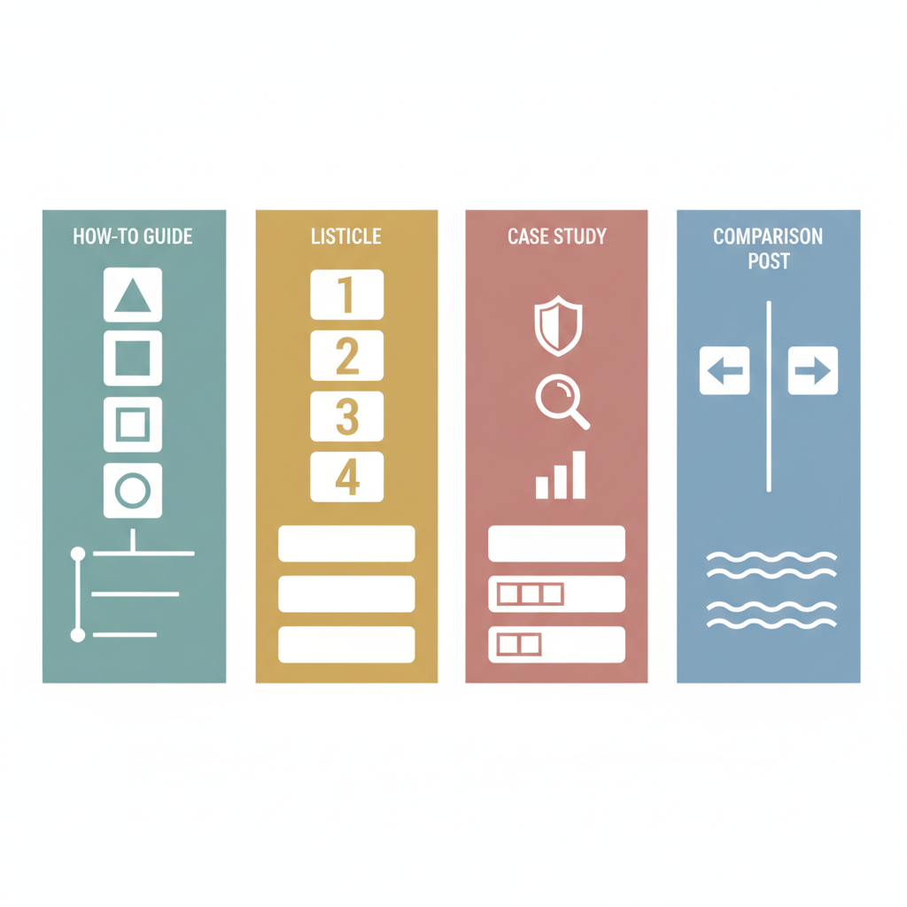 Comparison: Visual comparison of four blog post template structures side by side - how-to guide, listicle, case study, and comparison post - showing the basic outline sections for each type for Streamline Your Content Workflow in 7 Simple Steps