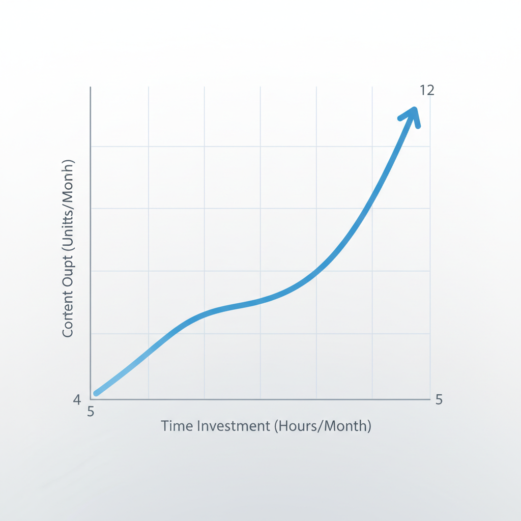 Illustration: Line graph showing content output scaling over 6 months, starting at 4 posts per month and growing to 12, with time investment staying relatively flat, illustrating efficiency gains for Streamline Your Content Workflow in 7 Simple Steps