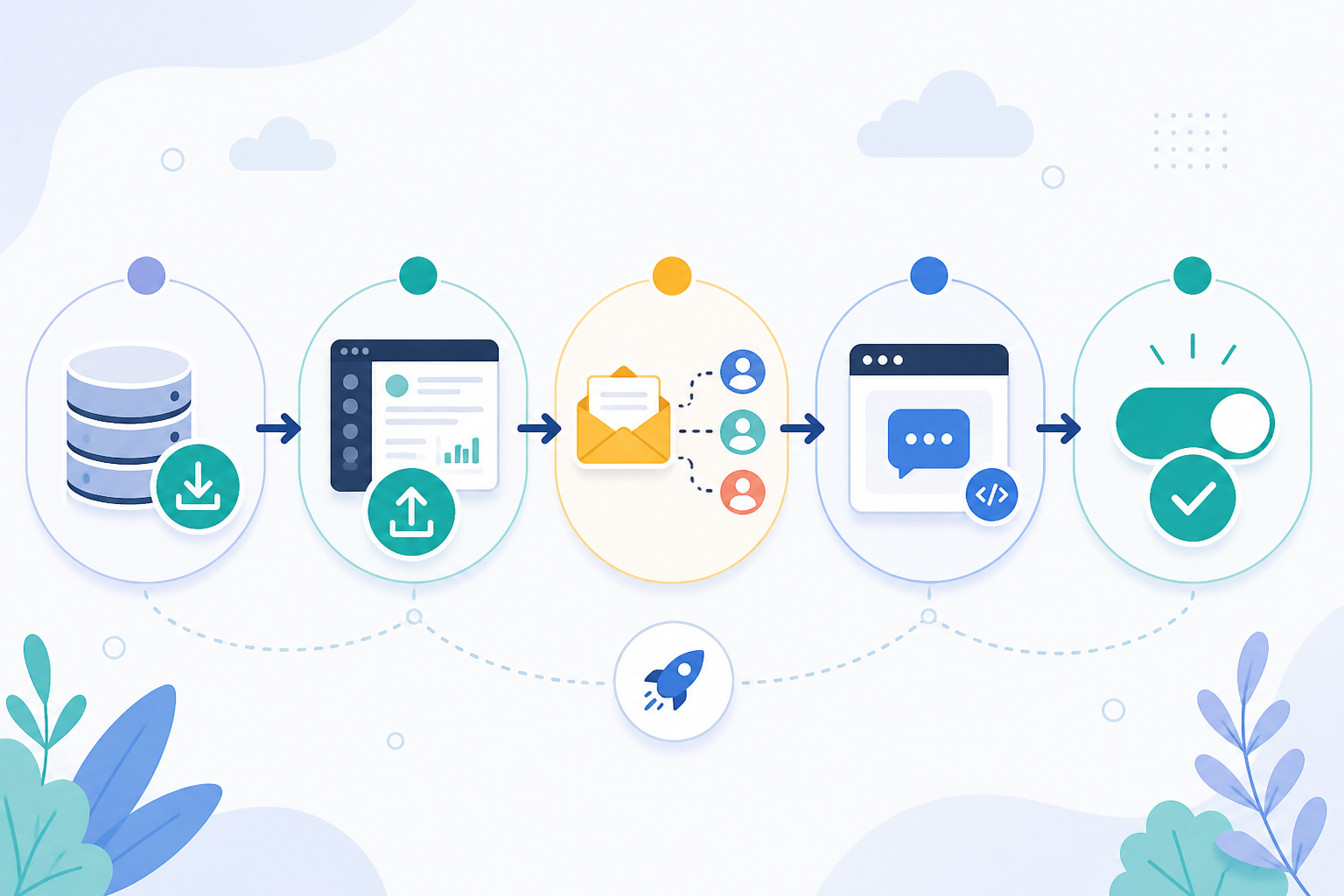 Diagram: A simple step-by-step flow diagram showing the migration journey from Zendesk export to data import to email forwarding setup to live chat widget reinstall to final cutover, using friendly icons for Switching From Zendesk to a Flat-Rate Support Tool