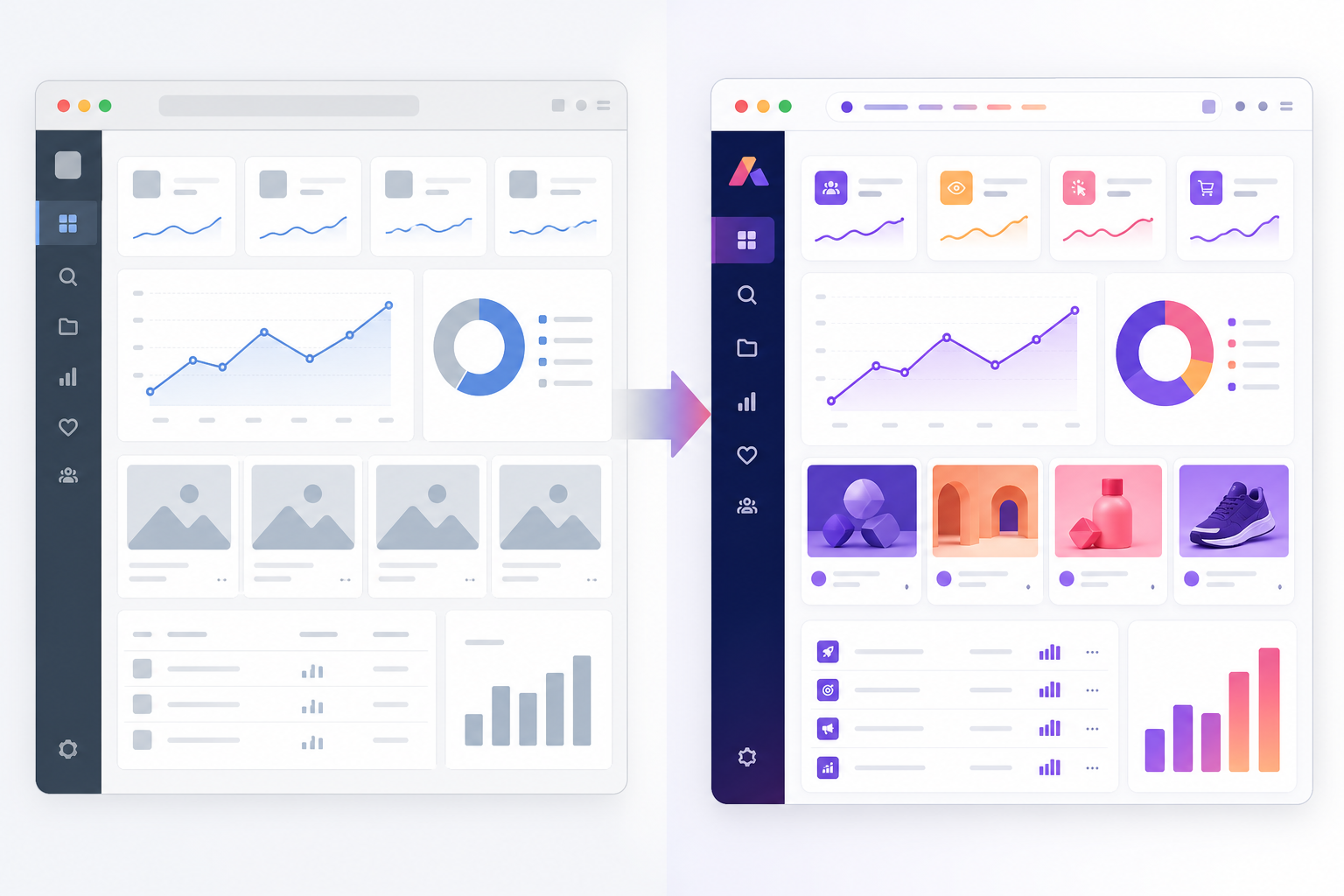 Comparison: Before-and-after style comparison showing a generic ad intelligence dashboard on the left transforming into a fully whitelabeled agency-branded dashboard on the right, with custom logo, colours, and domain visible for The Agency Owner's Guide to Reselling Ad Intelligence Tools