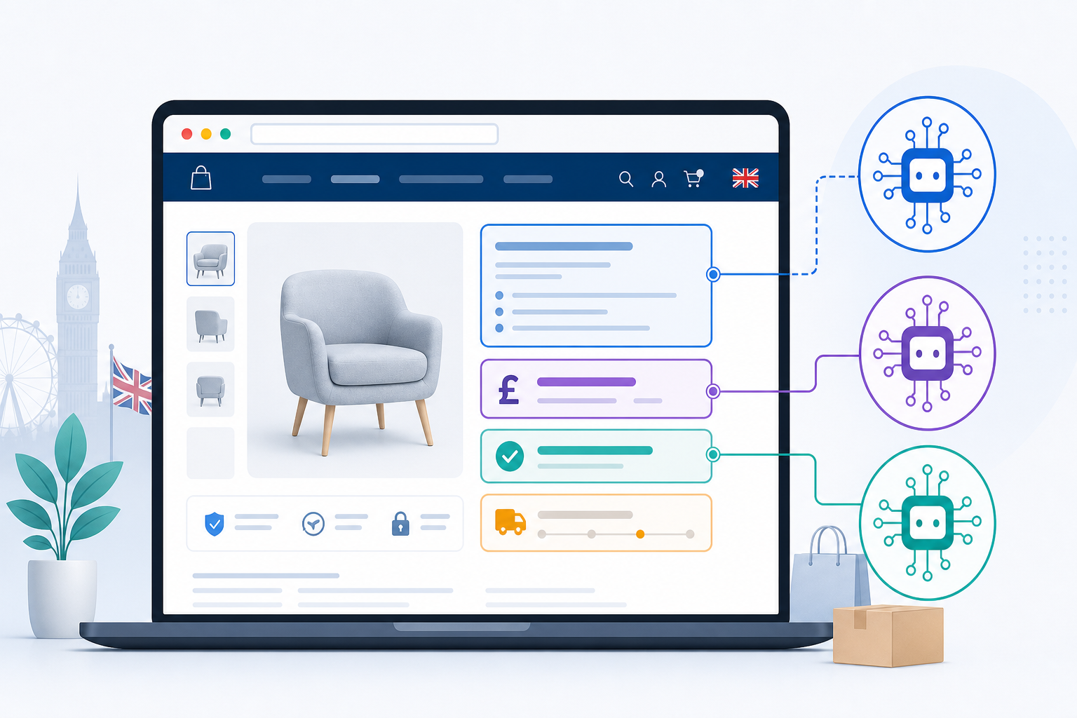 Illustration: A header graphic showing a UK e-commerce product page with overlaid icons representing AI crawlers reading structured data, price, and stock information for The AI Legibility Checklist Every E-commerce Site Needs