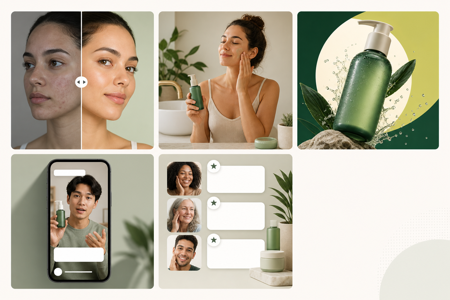 Infographic: A grid infographic showing five thumbnail-style example layouts representing before/after shots, product-in-use shots, bold thumbnails, on-screen captions, and stacked social proof elements. for The Anatomy of a High-Converting DTC Ad Creative