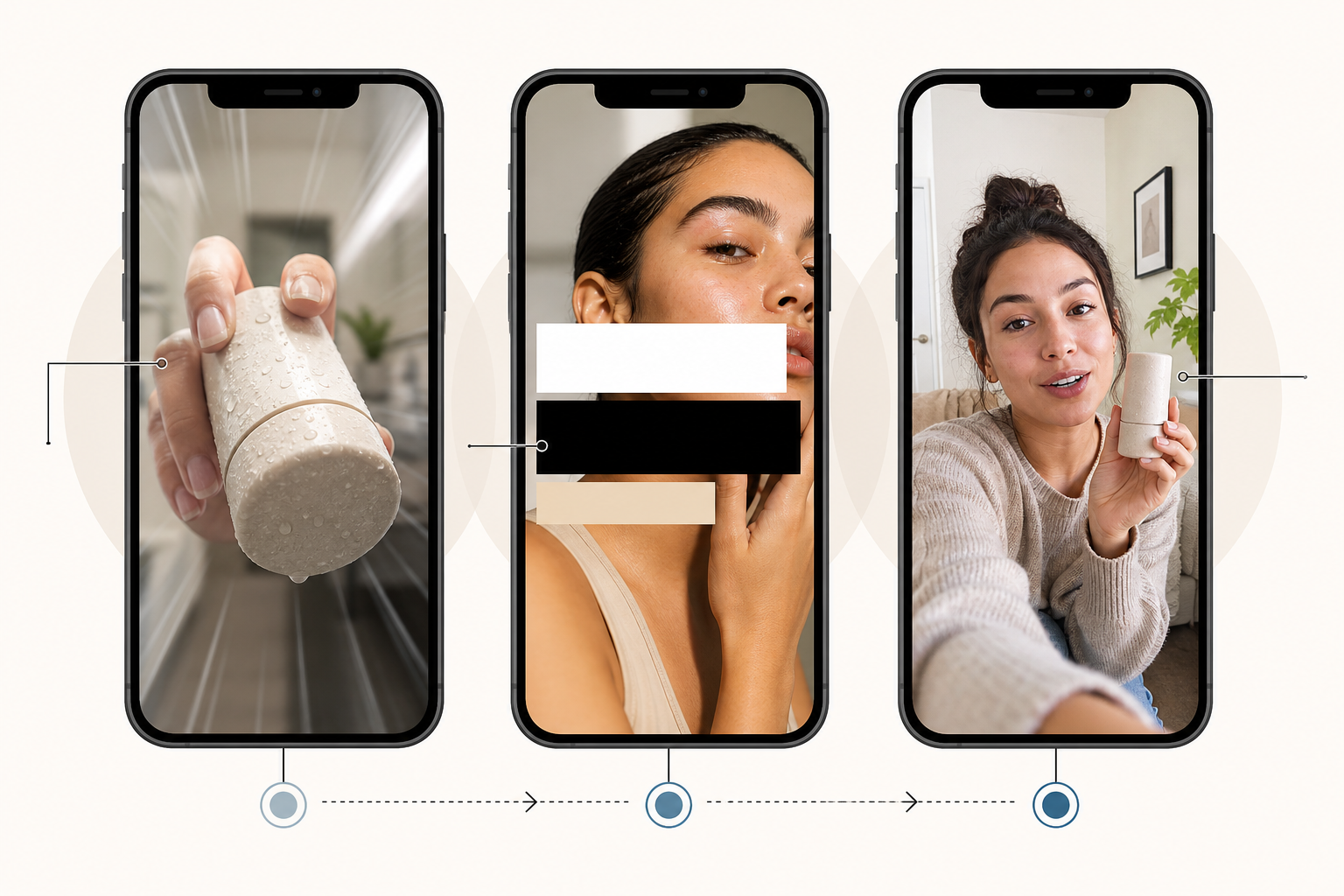 Illustration: A storyboard-style graphic showing three sequential phone screenshots representing the first 3 seconds of a scroll-stopping DTC video ad, with small labels pointing to the pattern interrupt, bold text overlay, and native UGC styling. for The Anatomy of a High-Converting DTC Ad Creative