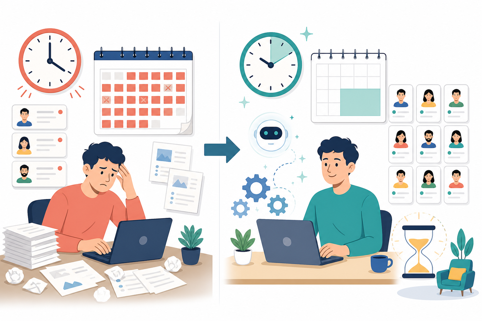 Infographic: A simple infographic showing a freelancer's capacity before and after adopting AI tools, illustrated as two client rosters side by side with time saved highlighted for The Freelancer's Guide to AI-Powered Content Creation