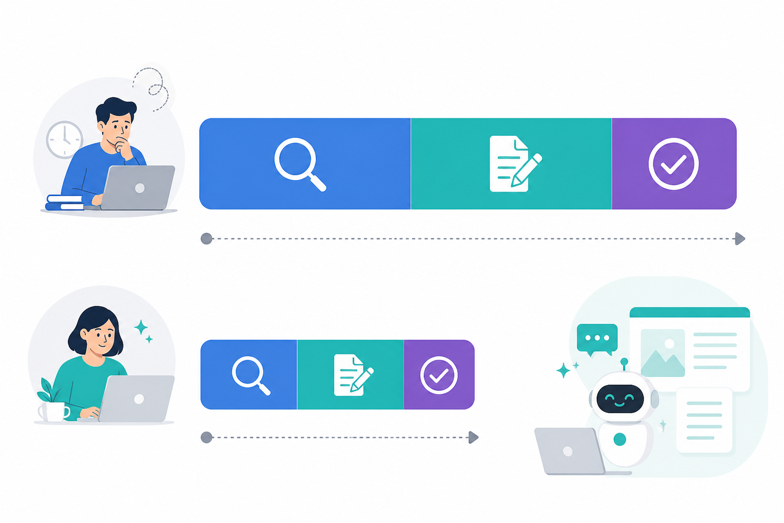Chart: A simple bar chart comparing hours spent per blog post: manual writing process versus AI-assisted process, showing time breakdown for research, drafting, and editing for The Freelancer's Guide to AI-Powered Content Creation