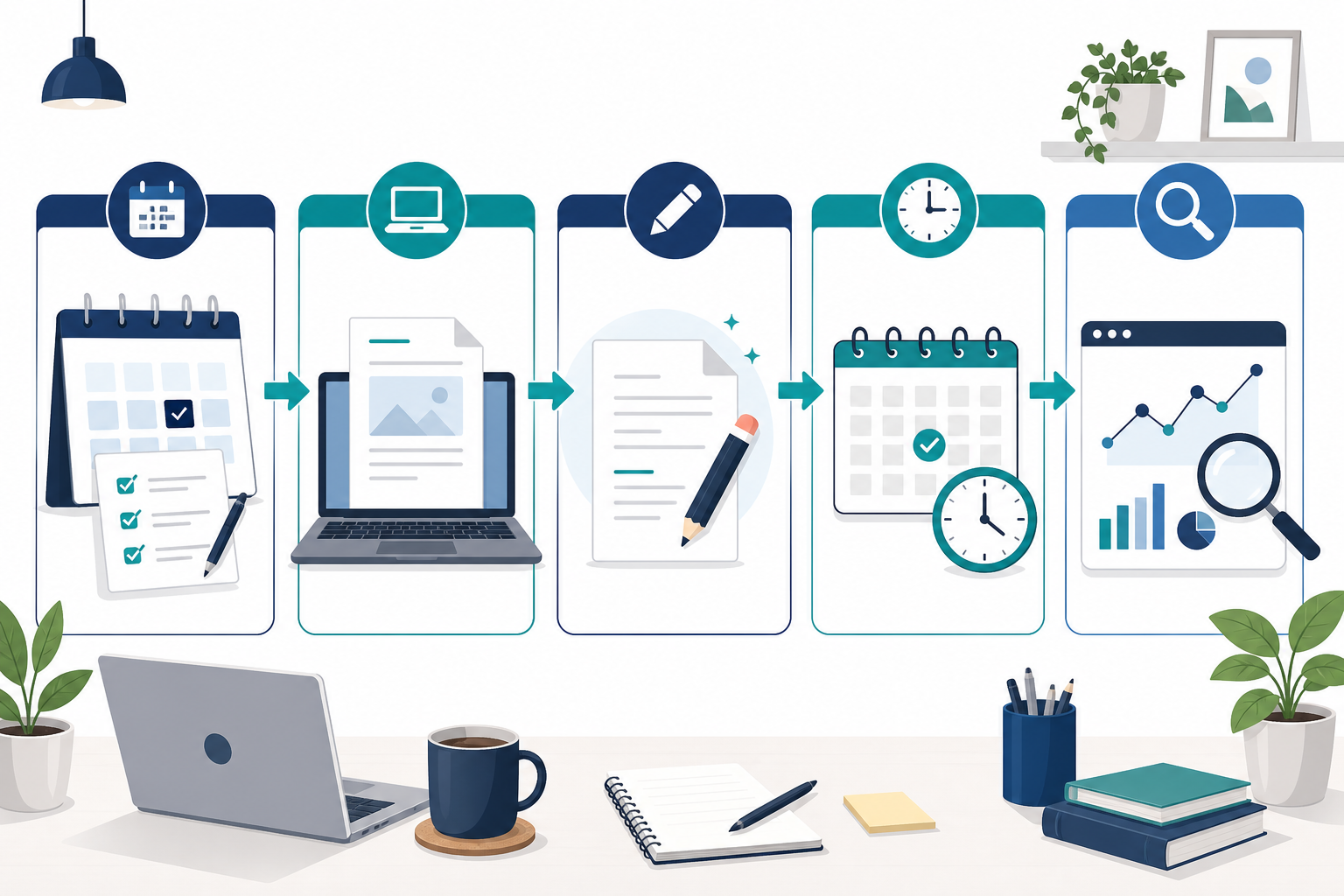 Illustration: A weekly planner graphic showing Monday to Friday tasks for a freelancer's content workflow, with icons representing planning, writing, editing, scheduling, and reviewing analytics for The Freelancer's Guide to Never Missing a Content Deadline