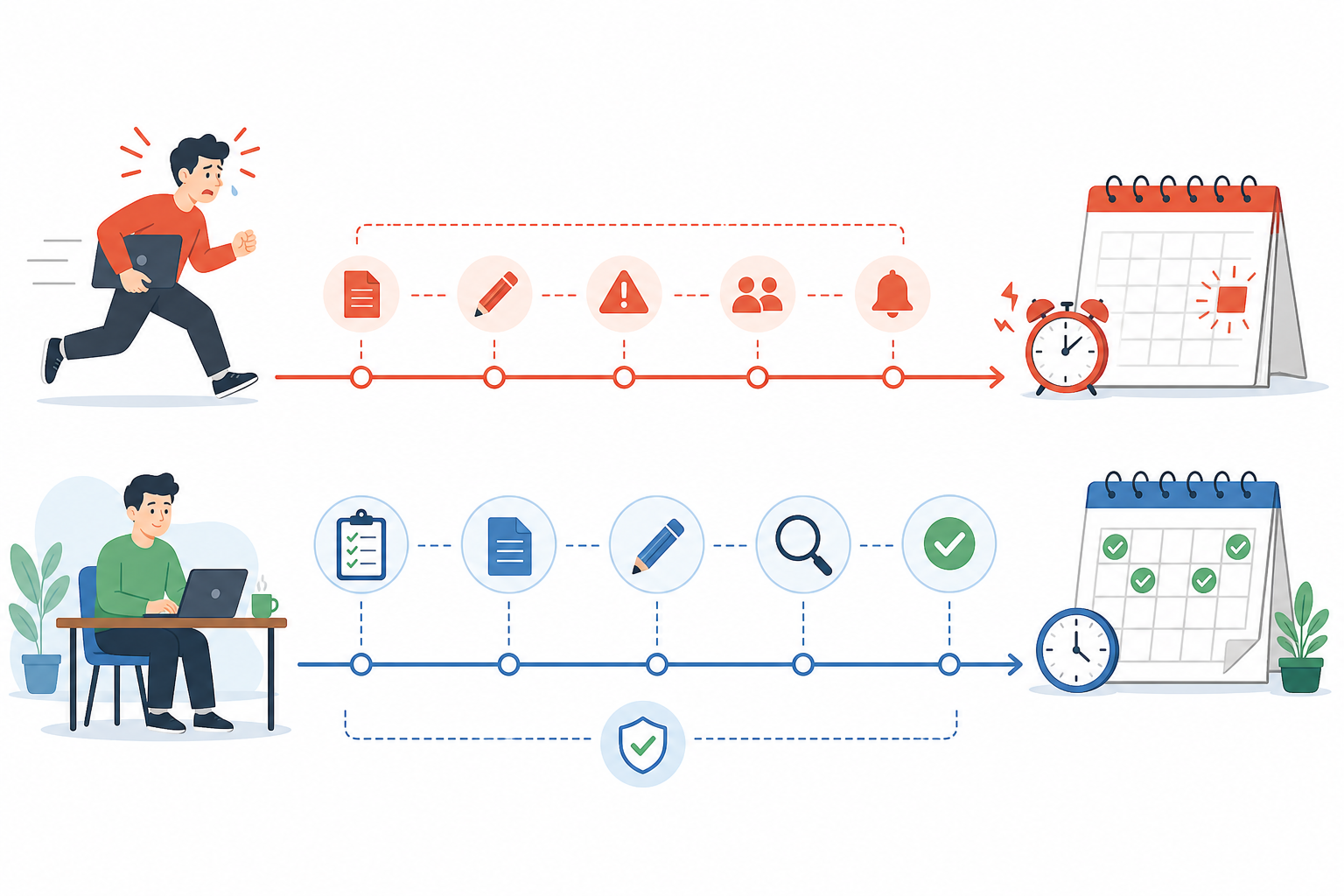 Diagram: A simple diagram showing a timeline comparing a stressed 'day-of deadline' workflow versus a relaxed '2-week content buffer' workflow, using a clean flat design style with a calendar visual for The Freelancer's Guide to Never Missing a Content Deadline