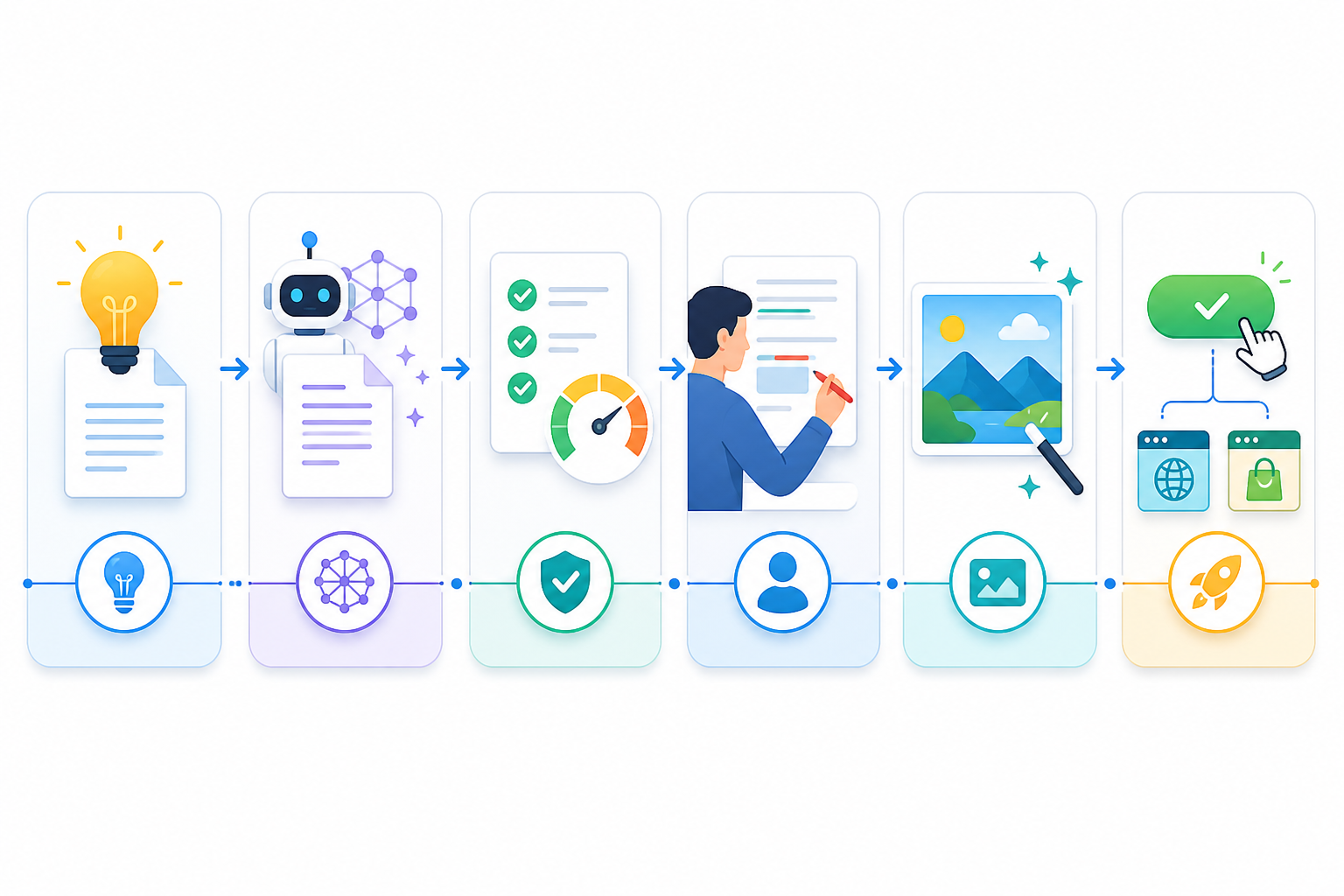 Diagram: A simple diagram showing the Scribe content workflow: topic input, AI content generation, quality scoring, human review, image generation, and one-click publishing to platforms like WordPress and Shopify for The Hidden Cost of Inconsistent Content Marketing