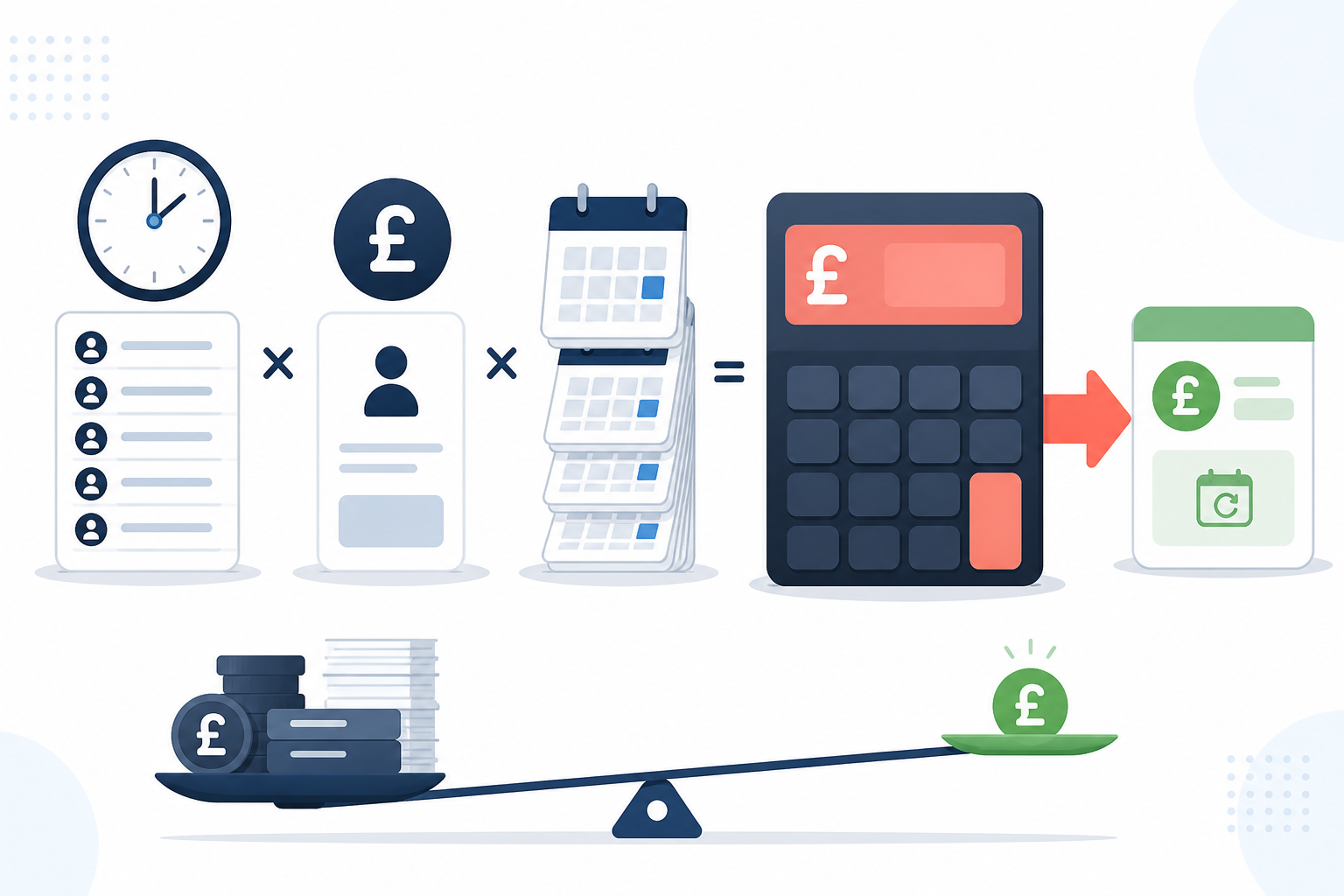 Infographic: A calculator-style infographic showing a simple formula: hours per week x hourly rate x number of weeks, leading to an annual cost figure, with a comparison arrow pointing to a much smaller monthly subscription cost, flat design, UK currency symbols for The Hidden Cost of Manual Competitor Ad Research