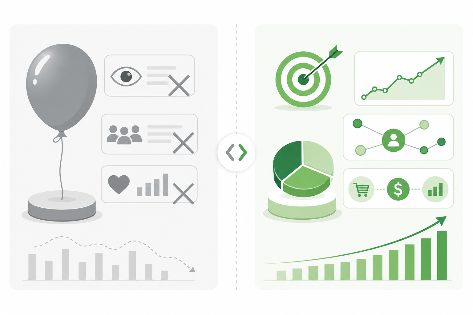 Comparison: A simple two-column comparison table graphic contrasting 'Vanity Metrics' (crossed out in grey) against 'Metrics That Predict Impact' (highlighted in green), clean flat design, minimal icons for The Marketing Team's Guide to AI Visibility Metrics That Matter