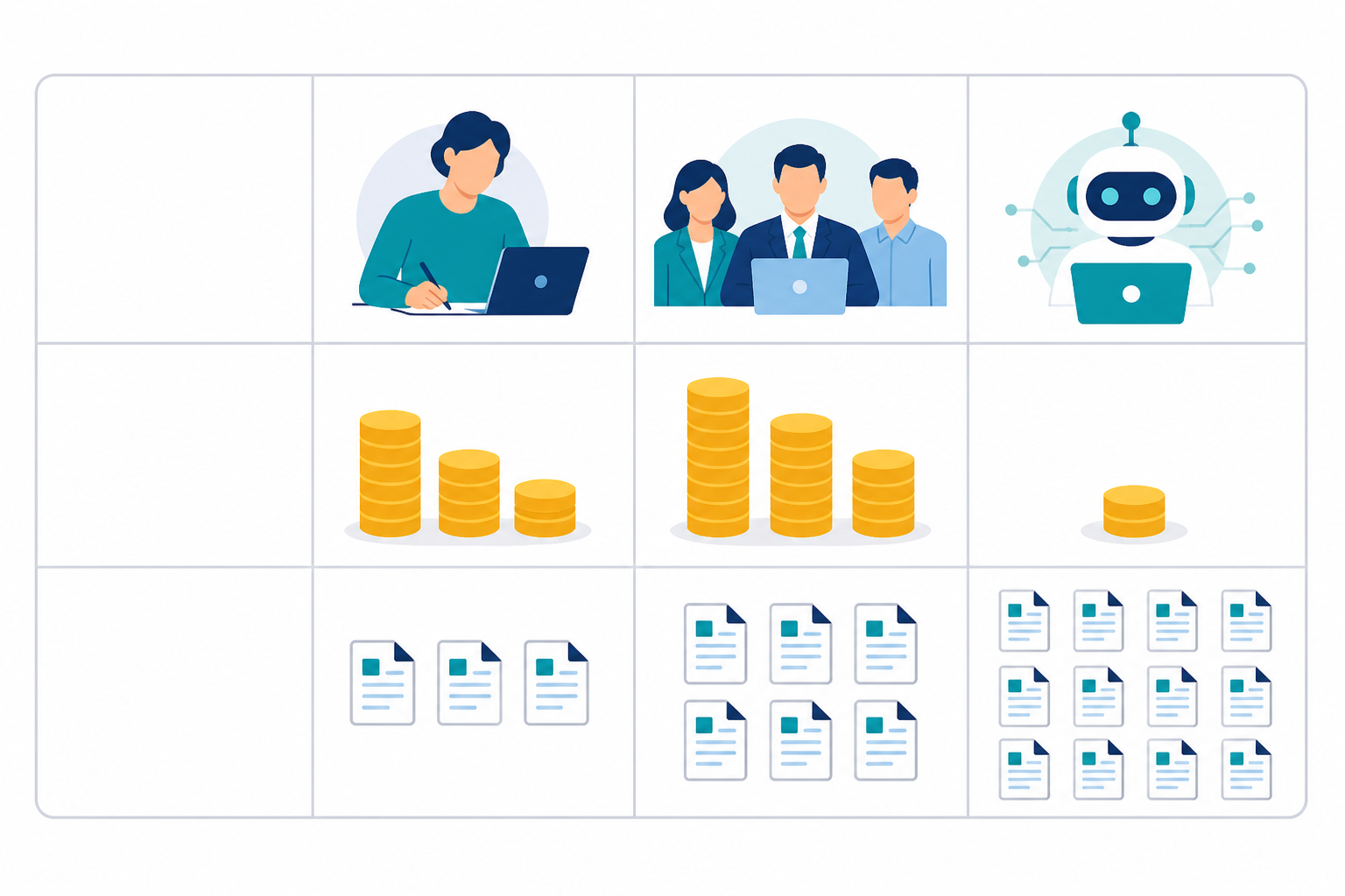 Comparison: A comparison table graphic showing cost per article and output volume across freelance writers, in-house staff, and AI content platforms, presented in a clean modern table design with clear column headers for The Real ROI of Automated Content Marketing for Small Business