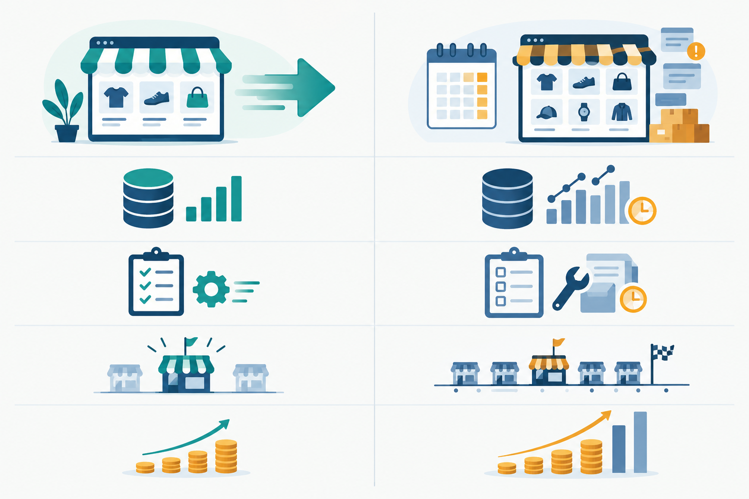 Comparison: Comparison table contrasting 'Act now' and 'Act in 12 months' across baseline data, effort required, competitive position and cost of catching up for The Rise of AI Shopping Assistants and What It Means for You