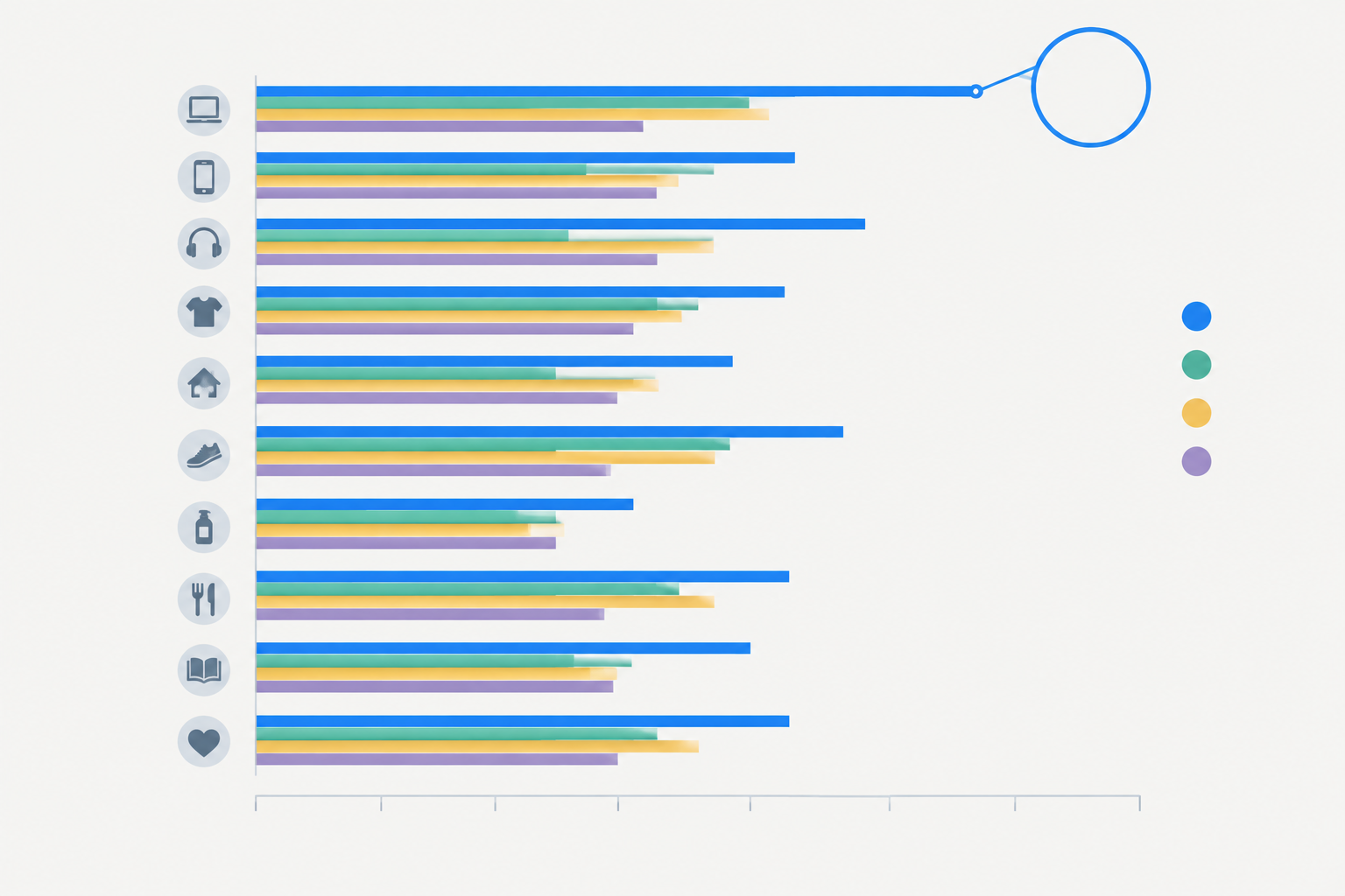 Chart: Bar chart showing an illustrative AI share of voice for a brand versus three competitors across ten category questions, with a 0-100 visibility score callout for The Rise of AI Shopping Assistants and What It Means for You