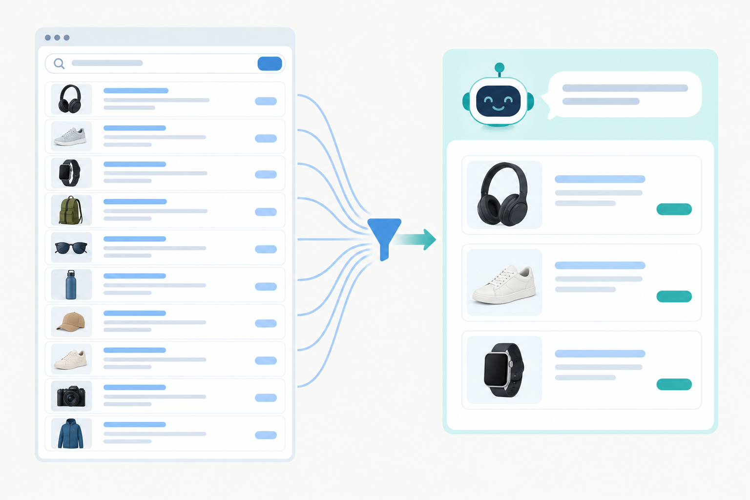 Diagram: Side-by-side diagram comparing a traditional search results page with ten links against an AI assistant answer listing three recommended products, with labels showing the narrowing of the consideration set for The Rise of AI Shopping Assistants and What It Means for You