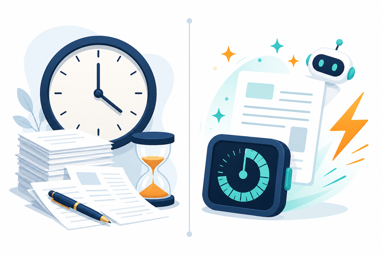 Infographic: A split-screen infographic showing a clock with days ticking by on one side labeled 'traditional writing' and a clock showing 5 minutes on the other side labeled 'AI generation', flat design icons for The ROI of AI Content Marketing for Small Businesses