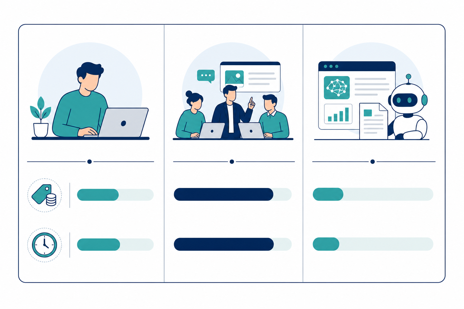 Infographic: A clean comparison table graphic showing cost breakdown between freelance writer, agency, and AI content platform for a single blog post, including price and time columns, minimalist business infographic style for The ROI of AI Content Marketing for Small Businesses