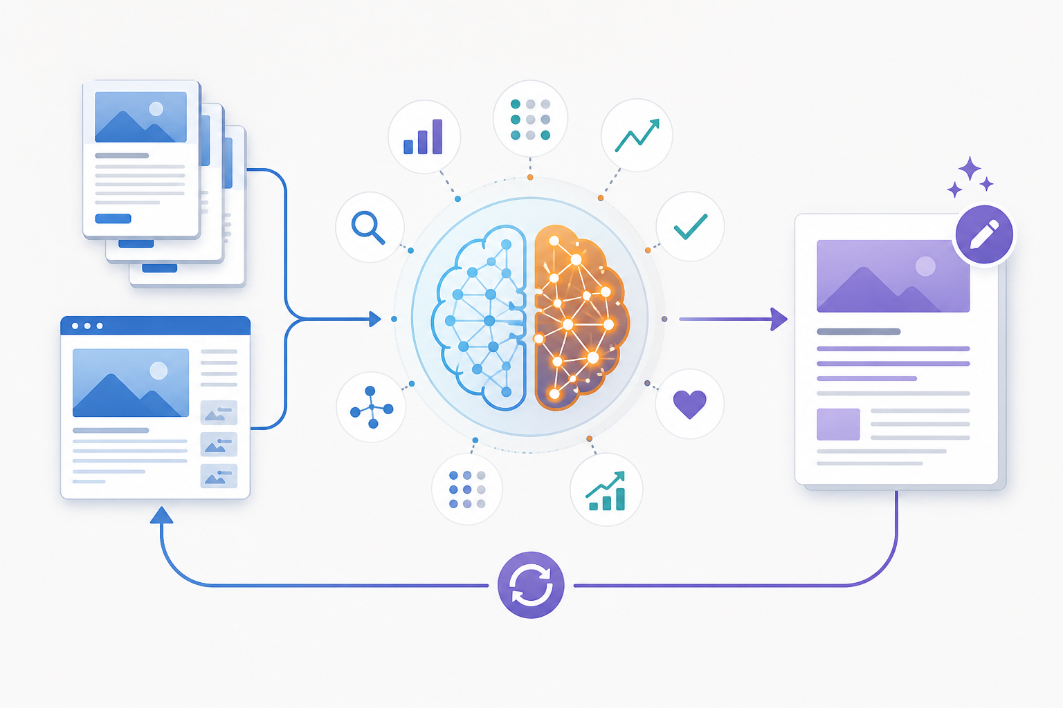 Chart: A flowchart showing multiple published articles feeding into a central AI brain icon, with successful patterns highlighted and flowing back out to a new article draft for The Science Behind Self-Learning Content Systems