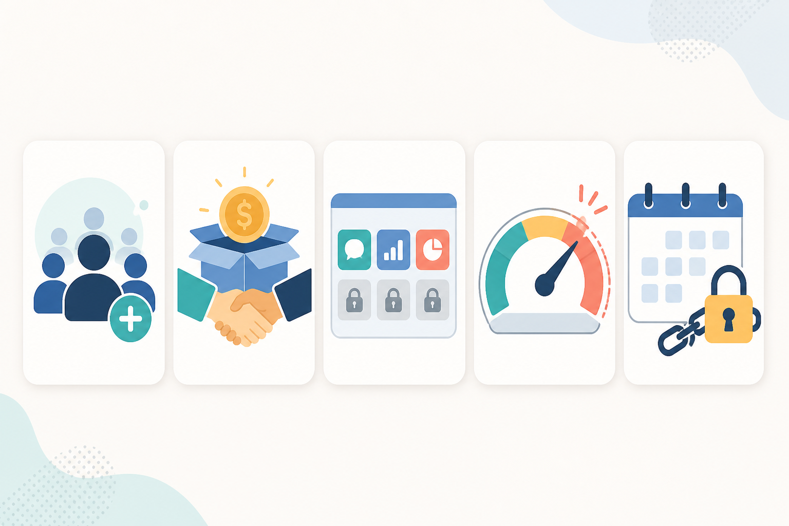 Infographic: An infographic-style icon list showing five potential hidden fee types (minimum seats, onboarding fees, feature-gating, overage fees, annual commitment terms) each represented by a small simple icon in a friendly flat design style for The True Cost of Per-Seat Pricing in Help Desk Software
