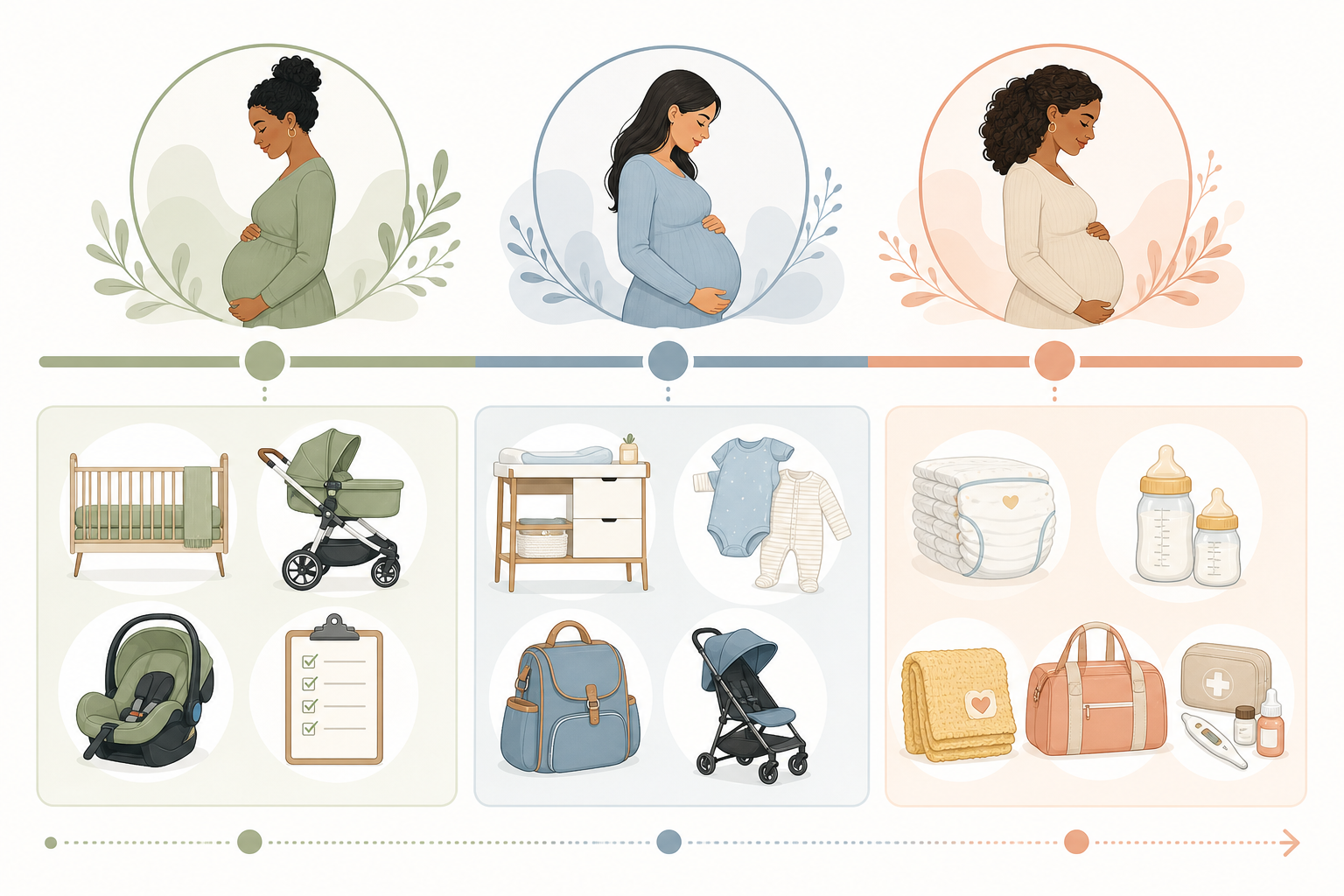 Timeline: A simple illustrated timeline graphic showing the three trimesters of pregnancy with corresponding baby registry categories mapped to each stage - research and big items, nursery and travel gear, final essentials and hospital bag - clean minimal design with soft pastel colors for The Ultimate Baby Registry Checklist for South African Parents