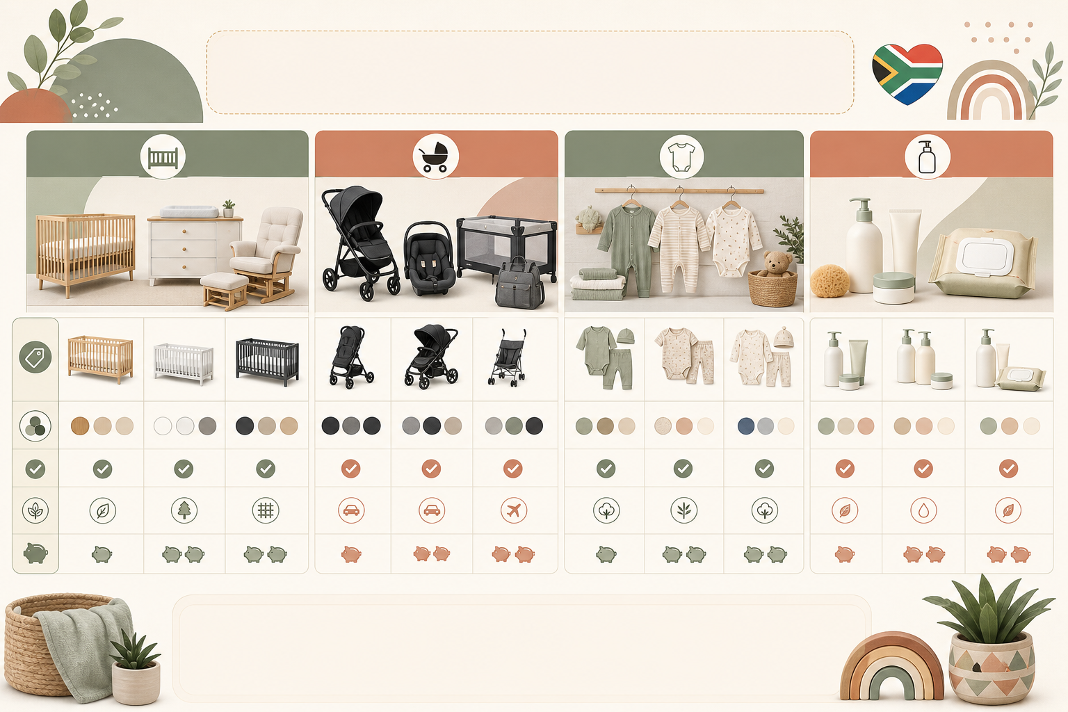 Comparison: A clean comparison table graphic showing categories like nursery furniture, travel gear, baby clothing and skincare, each with a specific local South African brand example and a short note on what to compare - soft modern design with muted earthy tones for The Ultimate Baby Registry Checklist for South African Parents