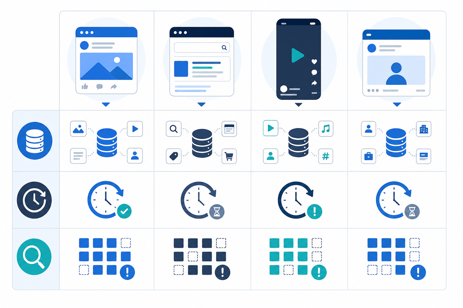 Infographic: A comparison table graphic showing four columns (Meta, Google, TikTok, LinkedIn) with rows for data available, typical refresh challenges, and coverage gaps, clean minimal business infographic style with a blue and grey color scheme for The Ultimate Guide to Ad Spy Tools for Marketers in 2025