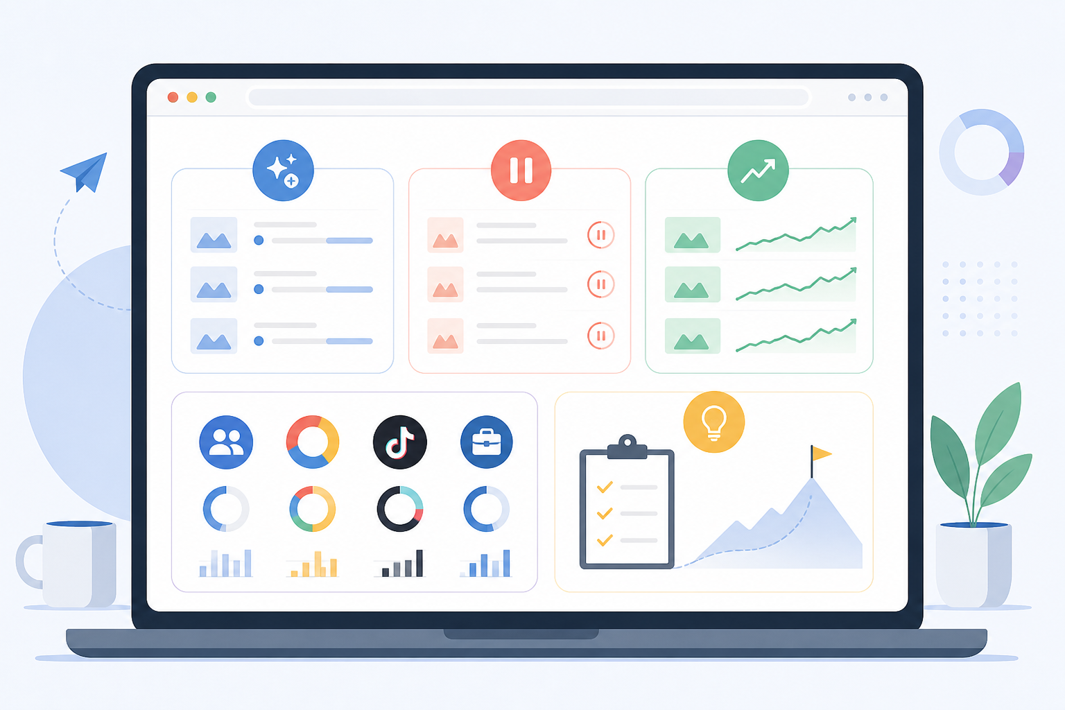 Infographic: An infographic showing the anatomy of a weekly ad digest email with labeled sections: New Ads, Paused Ads, Scaling Ads, Platform Icons (Meta, Google, TikTok, LinkedIn), and Strategic Summary, clean modern UI style for The Weekly Ad Digest Habit Top Marketing Teams Swear By