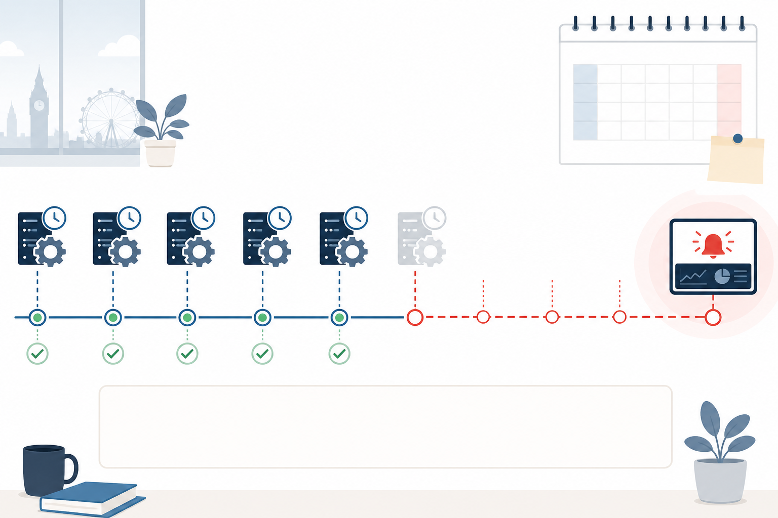 Diagram: A simple timeline diagram showing a scheduled cron job running normally for several days, then silently stopping, with a growing red gap until a heartbeat alert finally triggers days later, clean flat design with a UK office calendar aesthetic for Top Causes of Silent Cron Job Failures and How to Fix Them