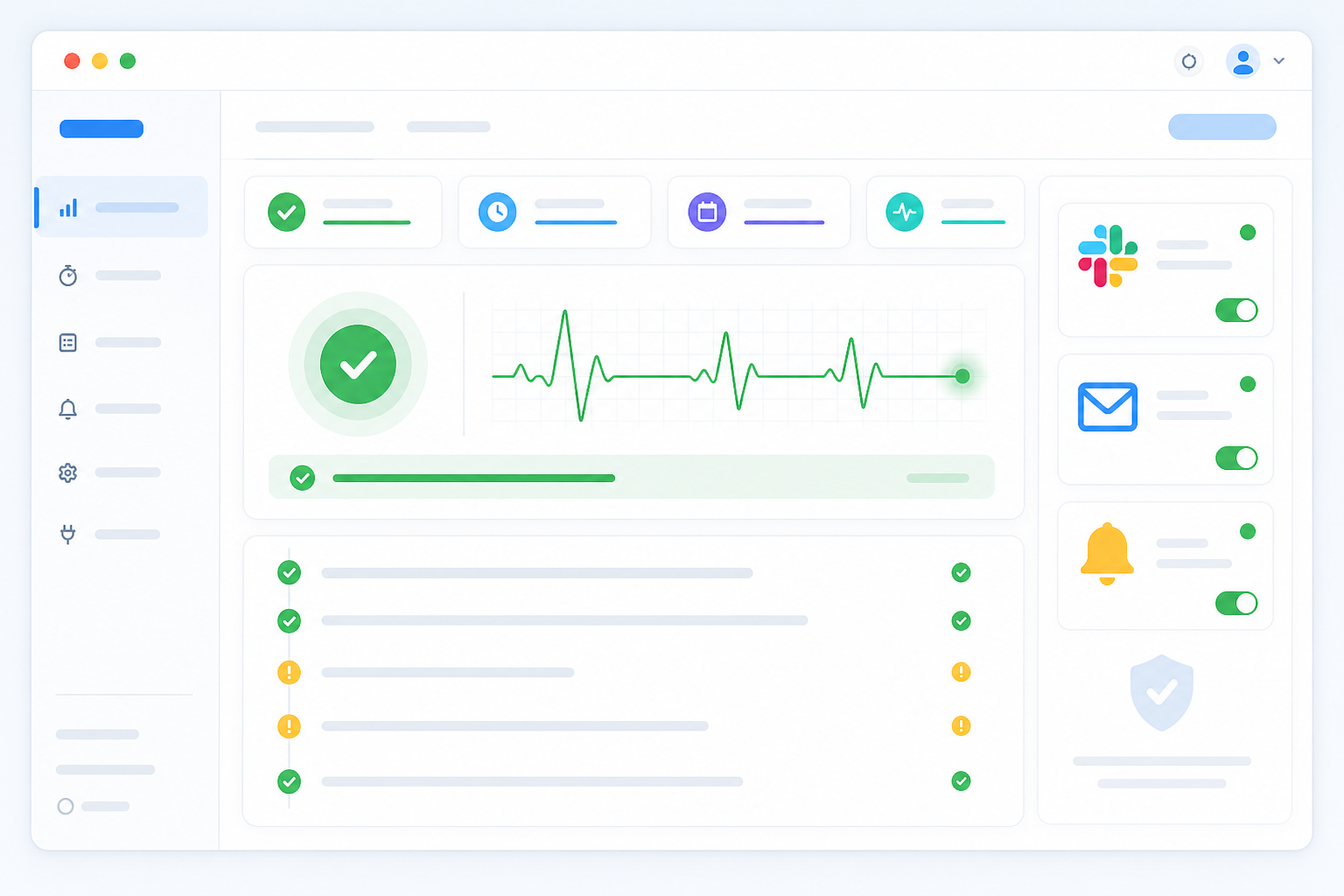 Illustration: A screenshot-style mockup of a monitoring dashboard showing a heartbeat monitor for a cron job, with a green 'last check-in' status, incident history log, and alert channels like Slack and email listed alongside, modern SaaS UI design for Top Causes of Silent Cron Job Failures and How to Fix Them