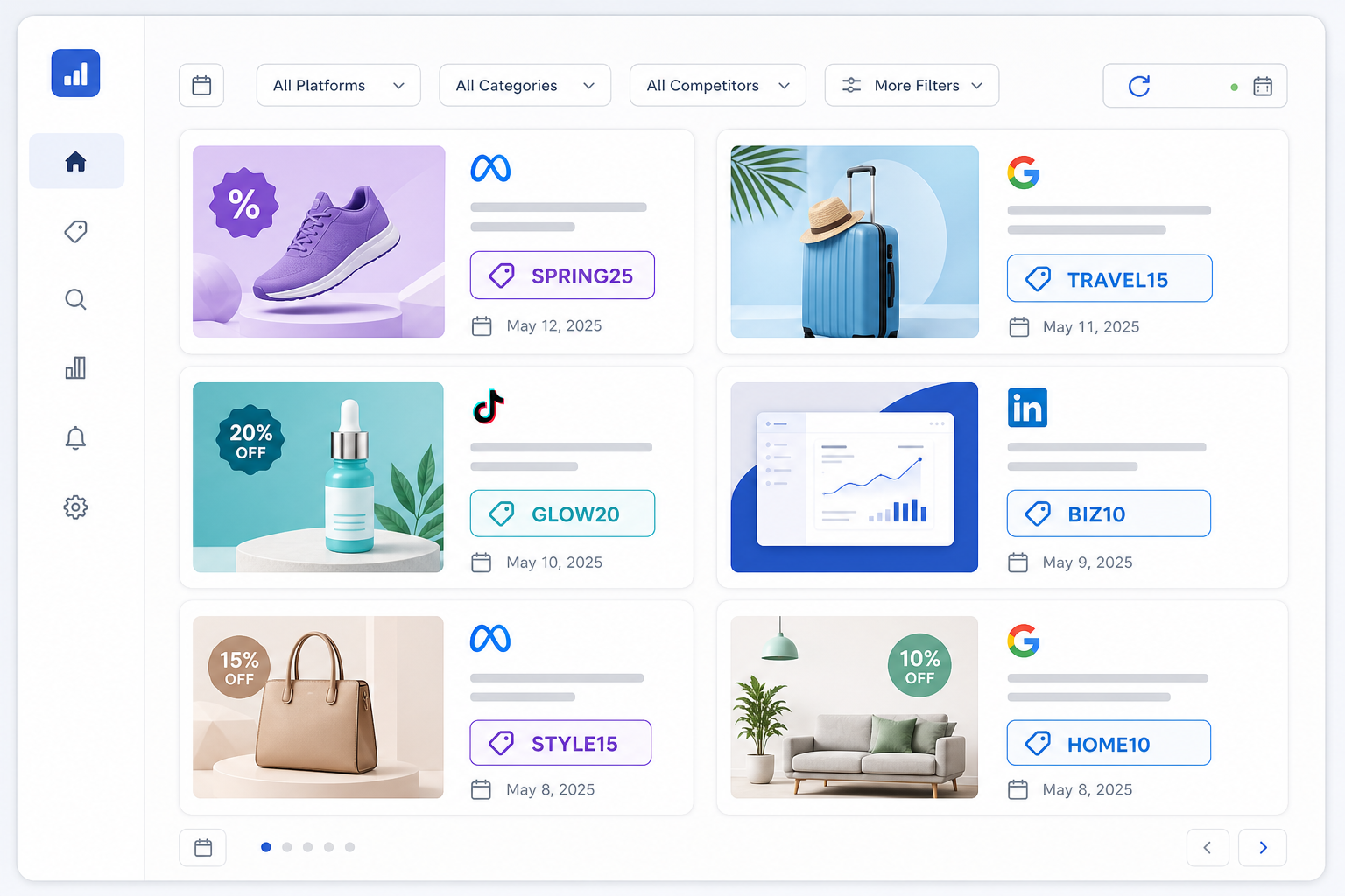 Illustration: A dashboard mockup showing a feed of competitor ads across Meta, Google, TikTok, and LinkedIn icons, each with a highlighted discount code badge and platform tag. Caption: A weekly-refreshed feed view—each card shows the platform, detected code, and first-seen date, not a live real-time stream. for Tracking Competitor Discount Codes Without Manual Screenshots
