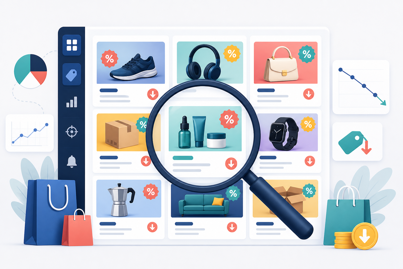 Illustration: Header image showing a magnifying glass over a grid of ecommerce ad thumbnails with discount tags, representing ad intelligence and competitor promo tracking for Tracking Competitor Discounts: A Playbook for eCommerce Brands