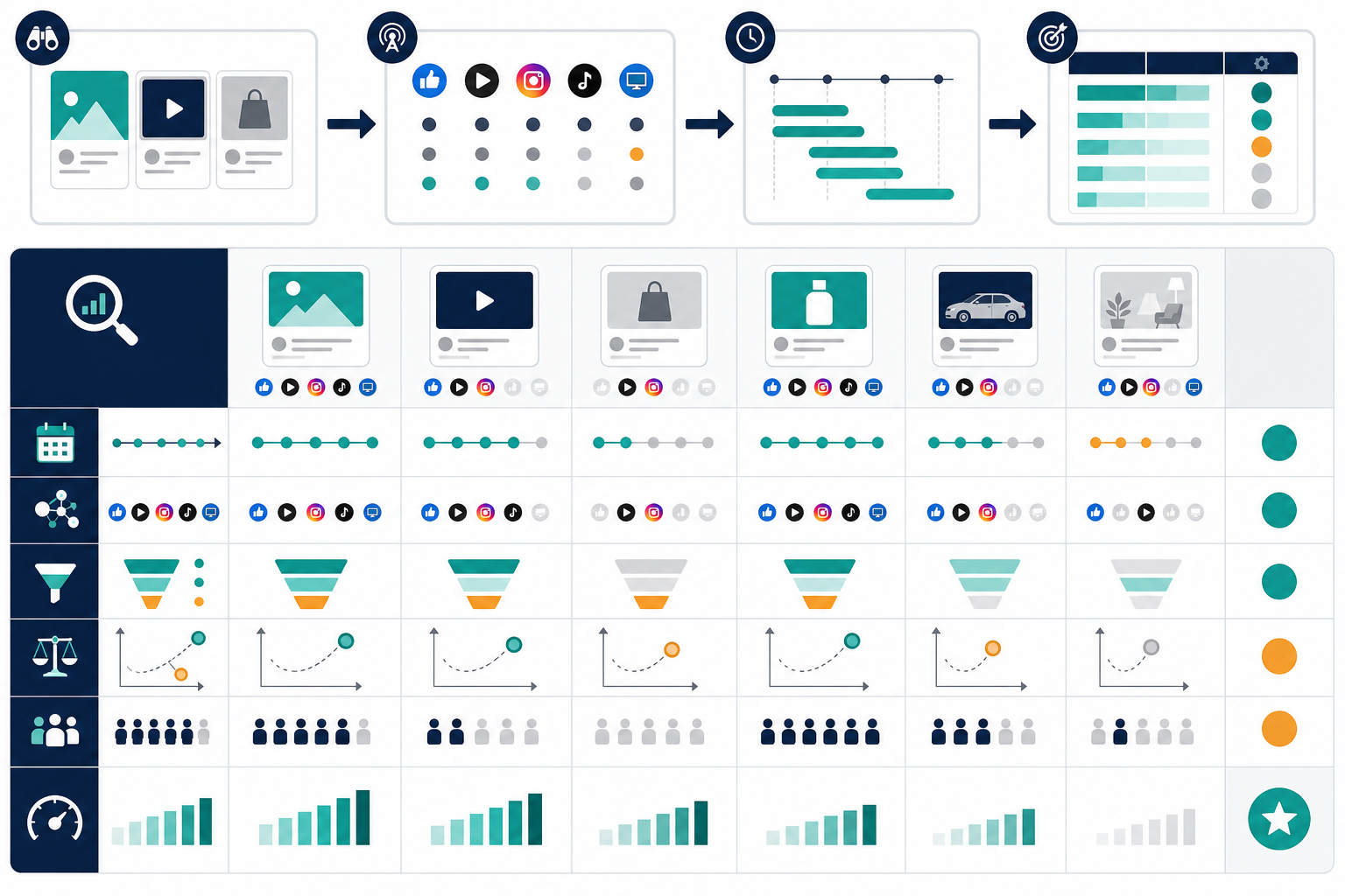 Comparison: A comparison table graphic showing prioritization criteria (persistence, cross-platform presence, funnel relevance, effort vs impact, competitive density) scored against sample competitor signals, minimal dashboard style for Turn Competitor Ad Data Into Your Creative Testing Roadmap