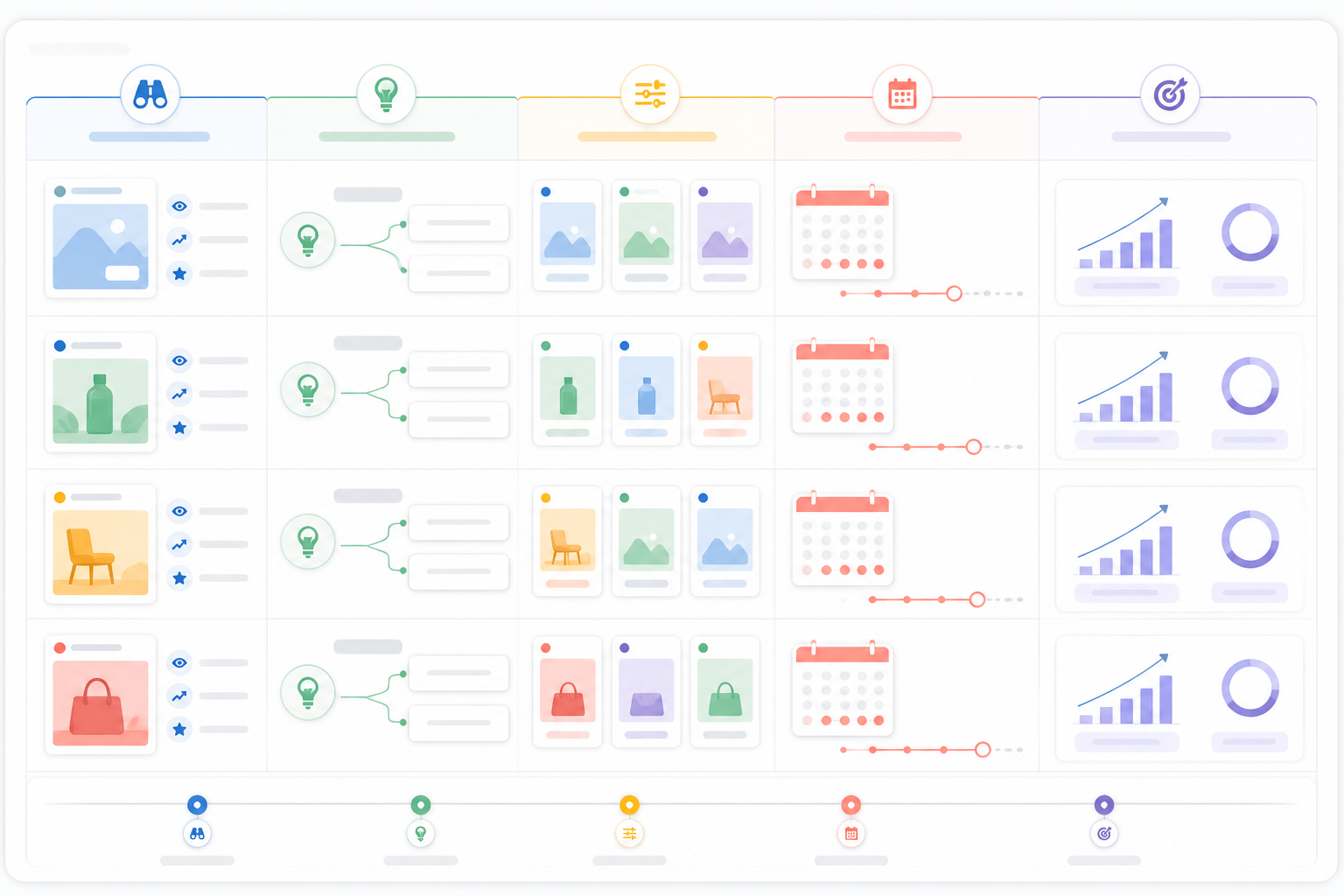 Timeline: A spreadsheet-style template mockup with columns for competitor signal, hypothesis, test variable, timeline, and success metric, clean and readable, light UI mockup style for Turn Competitor Ad Data Into Your Creative Testing Roadmap