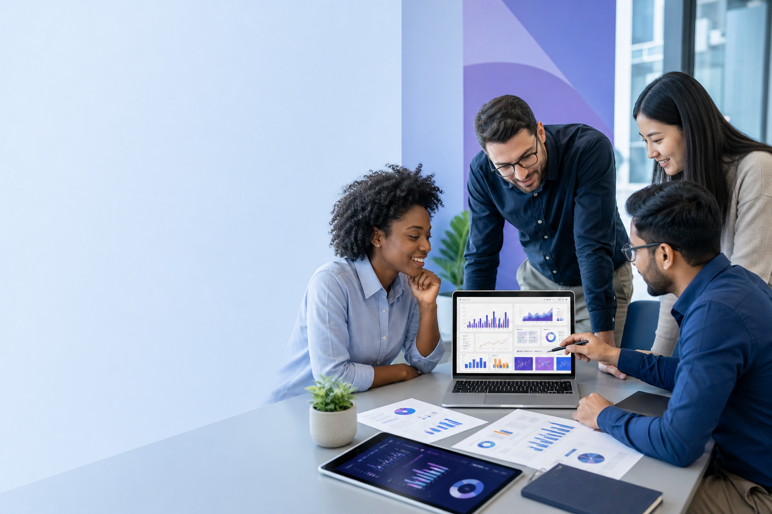 Chart: Header image showing a marketing agency team reviewing a branded competitor ad report on a laptop screen, with charts and ad creatives visible for Turn Competitor Ad Reports Into a New Agency Revenue Stream