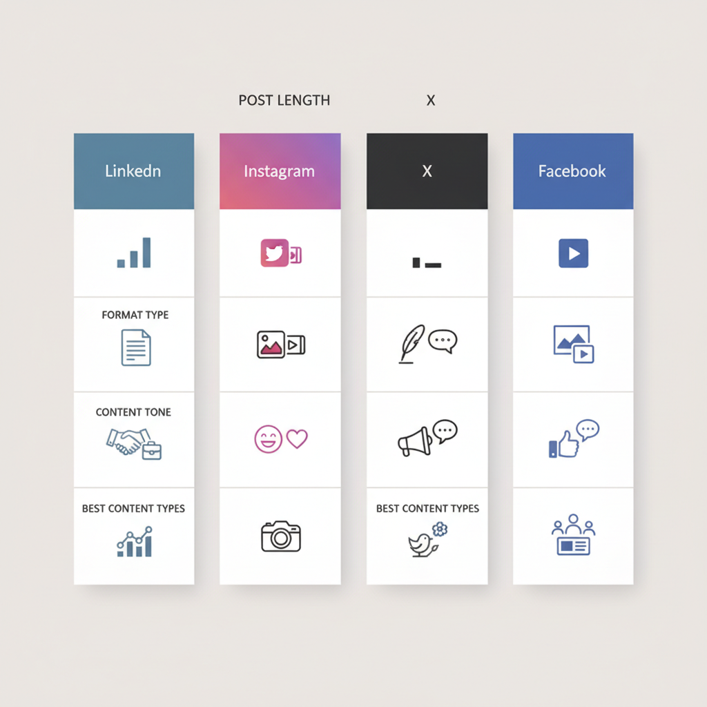 Chart: A comparison chart showing four social media platforms (LinkedIn, Instagram, X, Facebook) in columns with rows for post length, format type, tone, and best content types, using each platform's brand colors subtly, clean table design for Turn One Blog Post Into a Week of Social Content